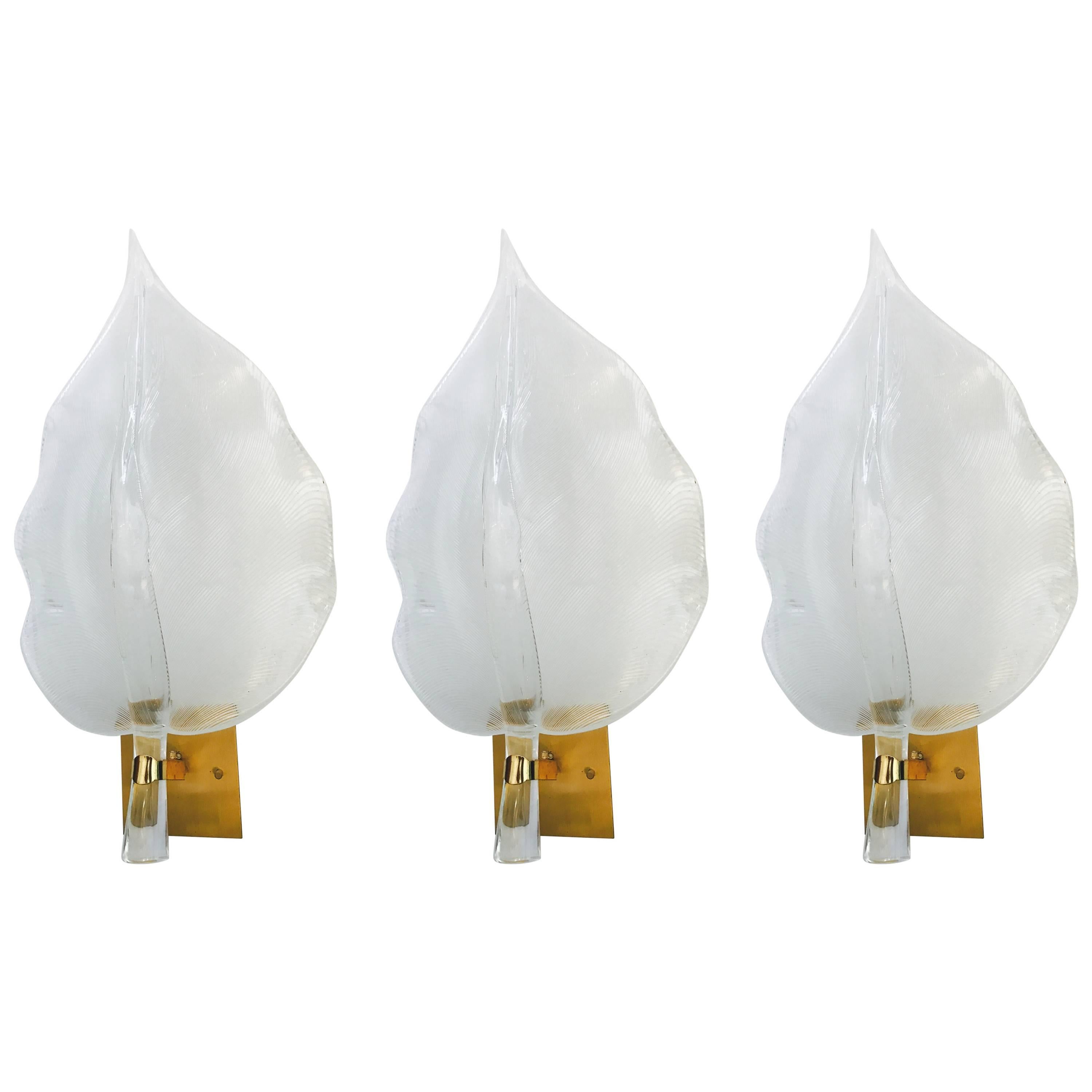 Set of Three Large Murano Leaf Italian 1960s Sconces