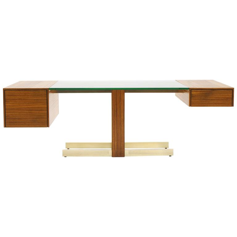Vladimir Kagan Desk, Glass Top, Zebrawood, Brass colored Anodized