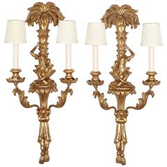 Pair of Mid-Century Italian Hollywood Regency Gilded Monkey Sconces