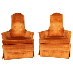 Vintage Hollywood Regency Orange Velvet High Back Pair of Chairs by Perfection