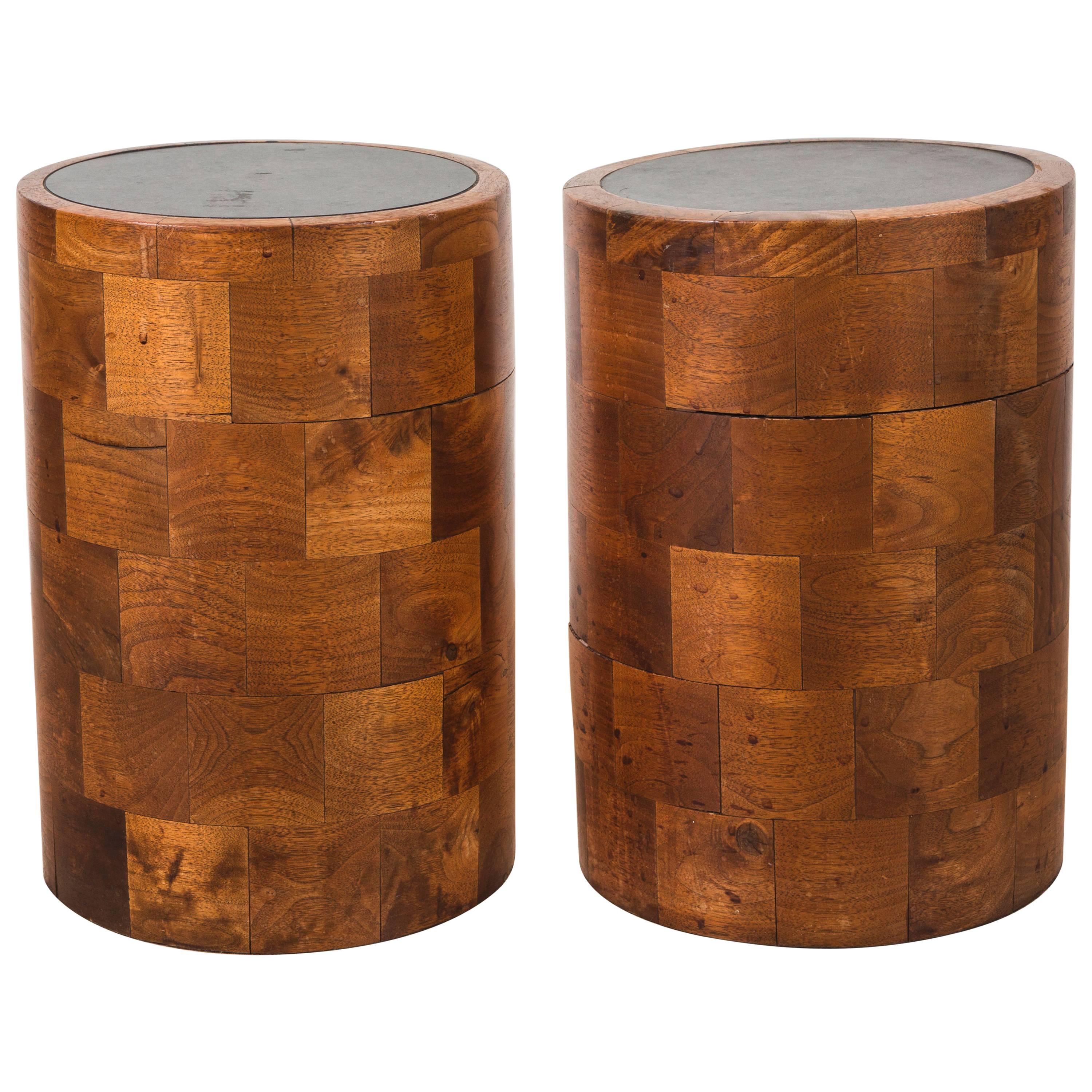 Pair of Vintage Parquetry Column Side Tables