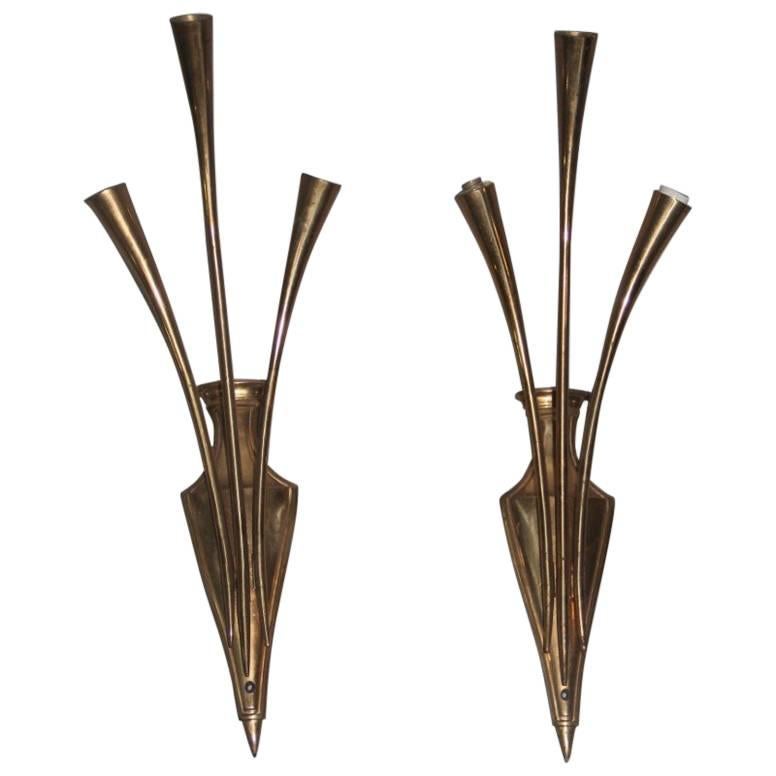 Pair of Solid Brass Sconce, 1950 Noisemakers For Sale