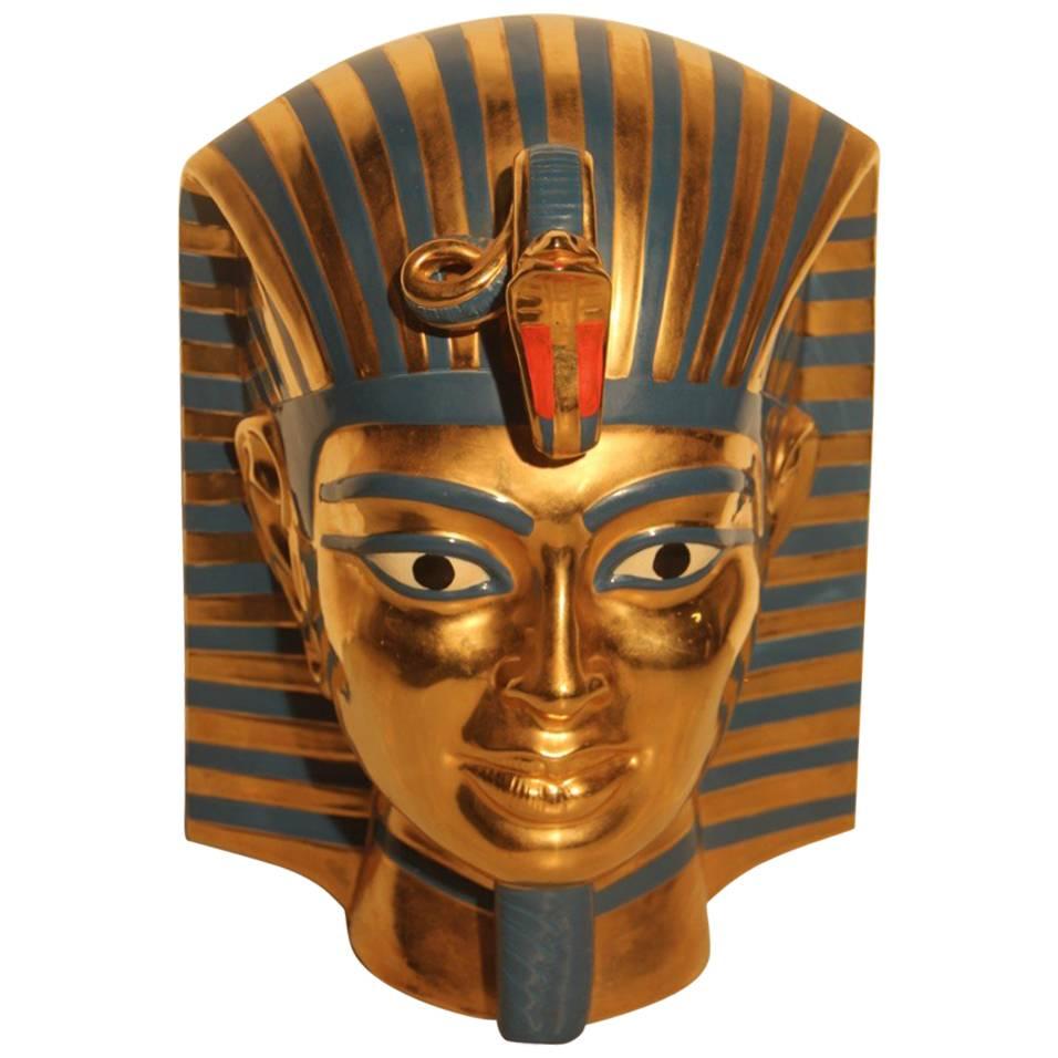 Big Sculpture Egyptian, 1970s Ceramic Italian Design Gold Turquoise For Sale