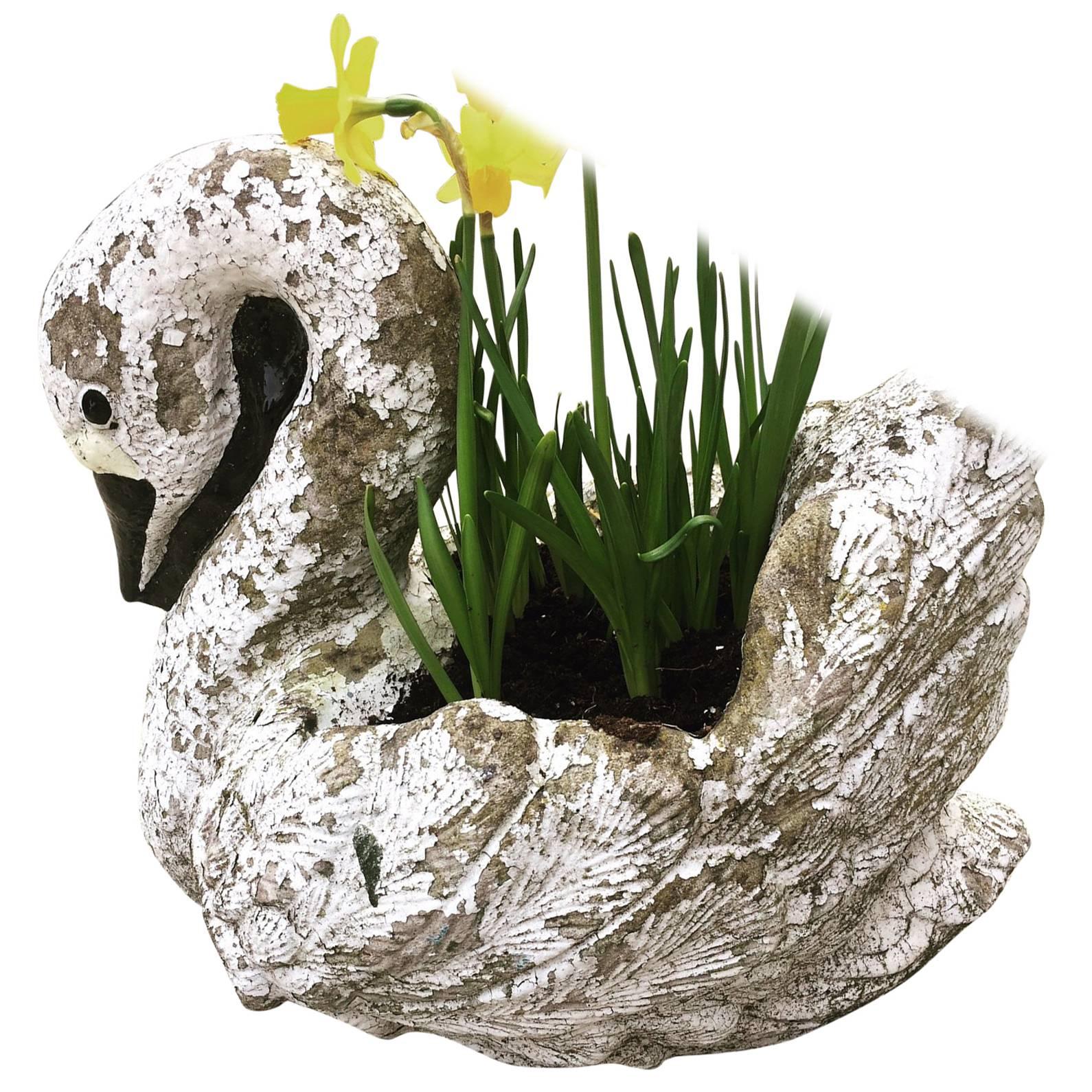 Vintage Reconstituted Stone Garden Swan Planter For Sale