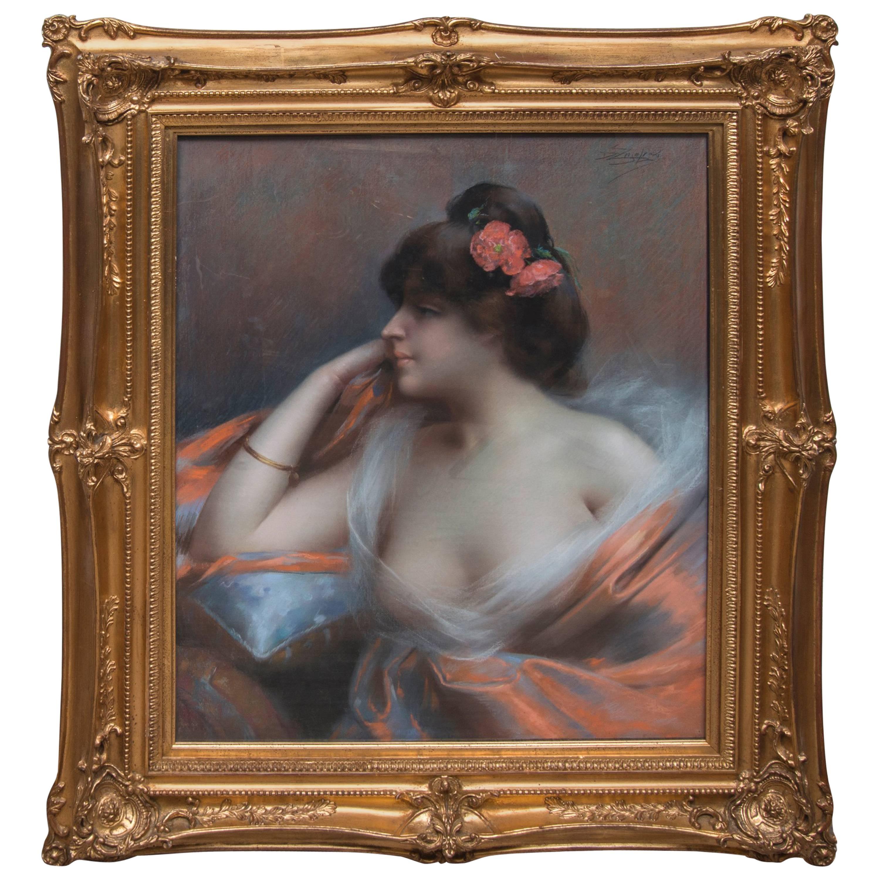 Portrait of an Elegant Woman by Delphin Enjorlas, circa 1880-1900 For Sale