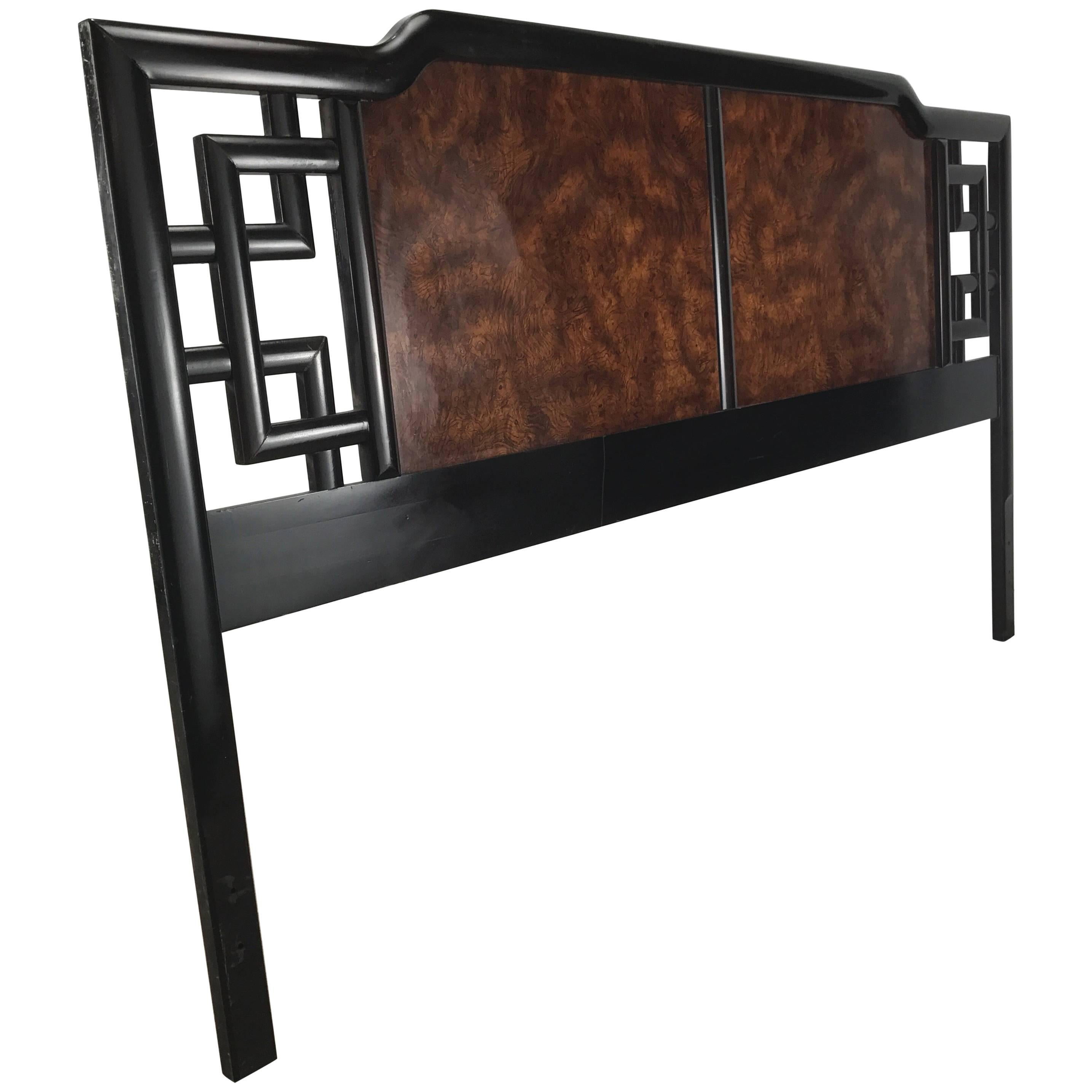 Asian Modern Burl and Lacquer King Head Board /Bed, Manner of James Mont For Sale