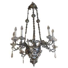 Italian Century Nine-Arm Silver Plated Metal Chandelier with Crystals