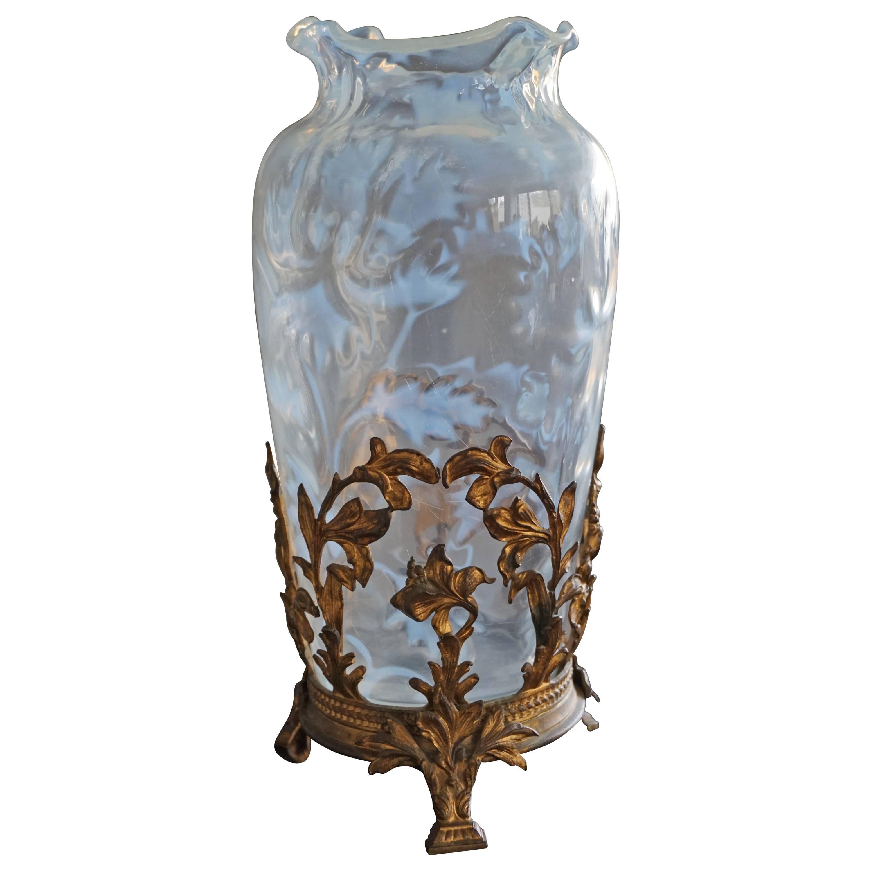 Antique Art Nouveau Iridescent Glass Vase Amazing Design with a Gilt Bronze Base