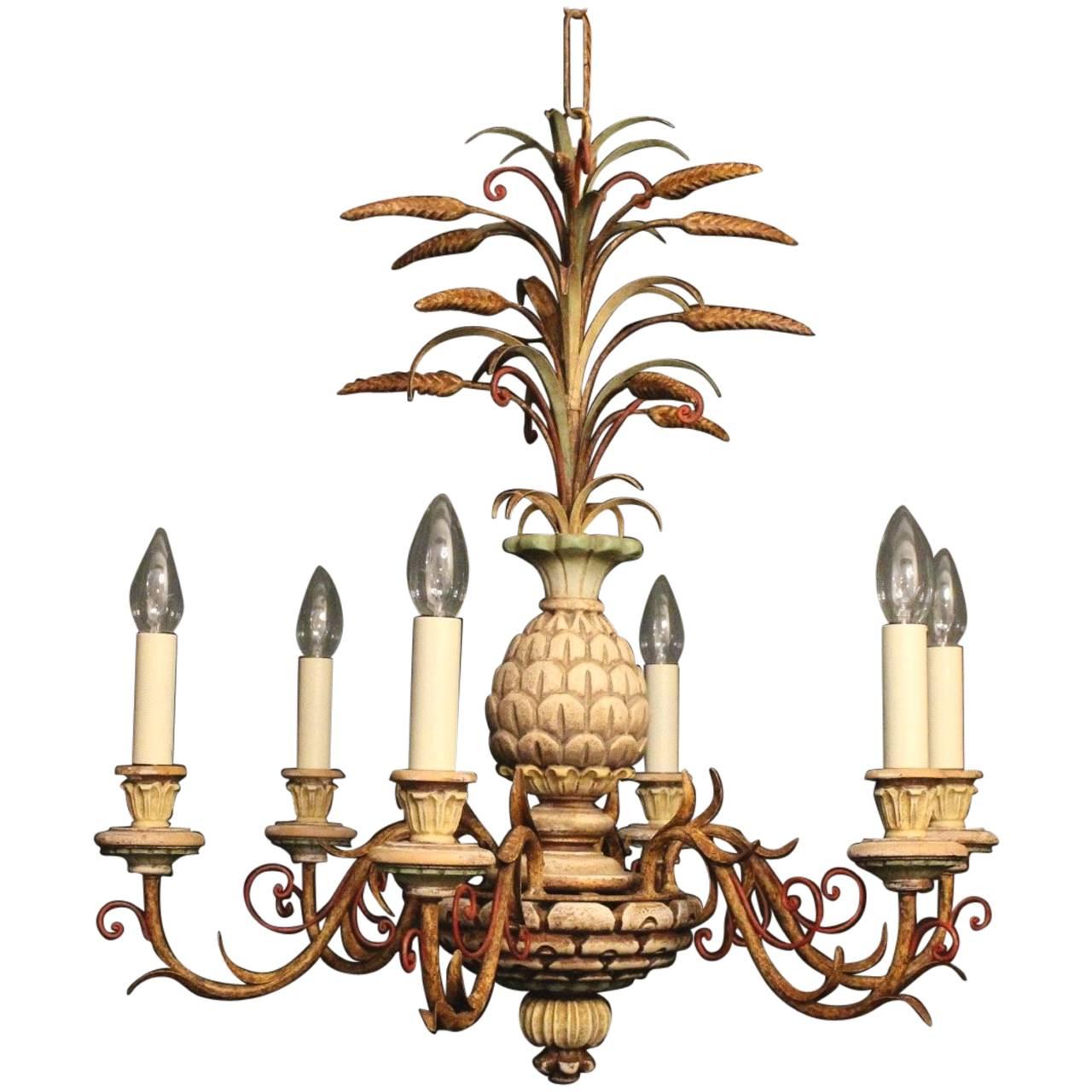 French Polychrome Pineapple Six-Light Chandelier