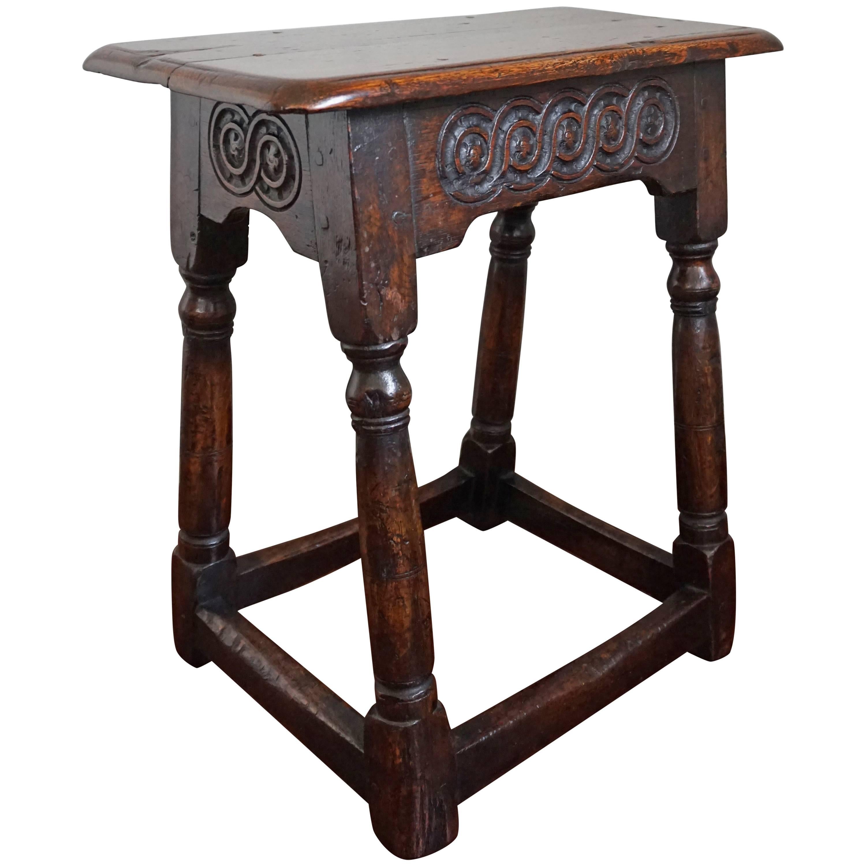 Antique Hand-Crafted and Hand Carved Solid Oak Joint Stool, circa 1800