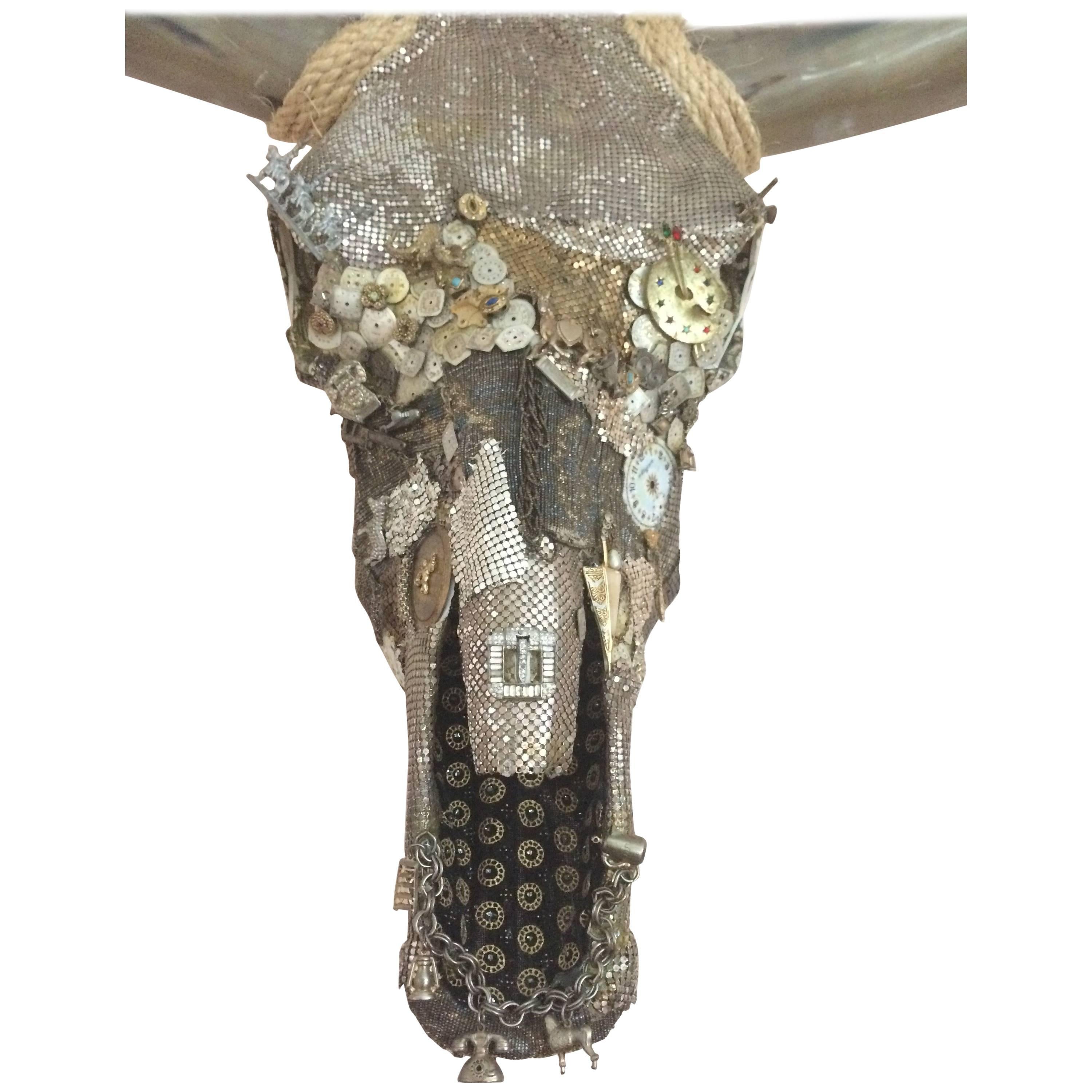 Striking Mixed-Media Longhorn Skull Sculpture Titled Charmed In Excellent Condition In Hopewell, NJ