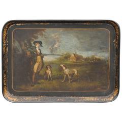 English Painted Wood Tray with Hunter and Dogs from the Mid-19th Century