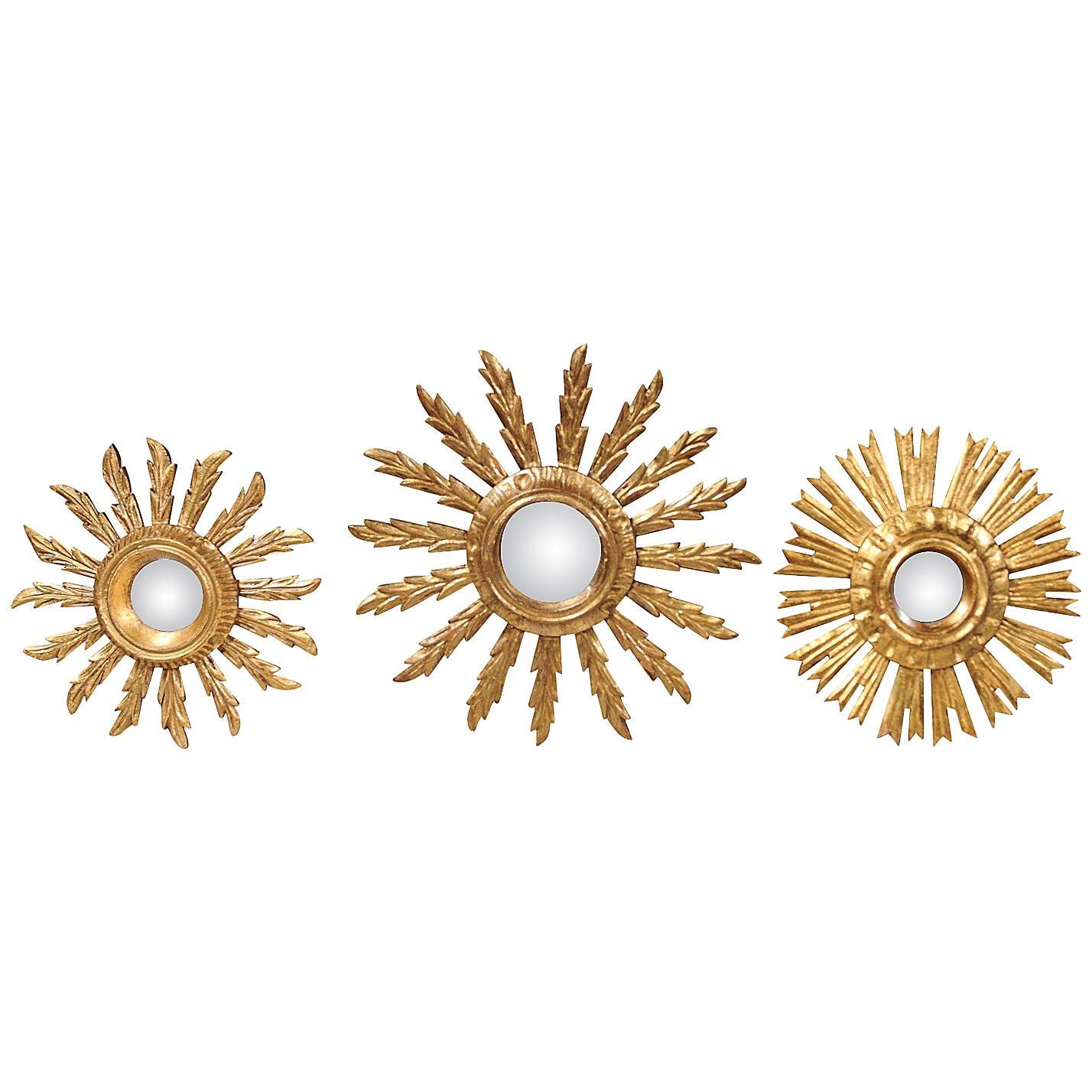 Petite French Giltwood Sunburst Mirrors of Various Sizes from the Mid-Century