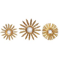 Vintage Petite French Giltwood Sunburst Mirrors of Various Sizes from the Mid-Century