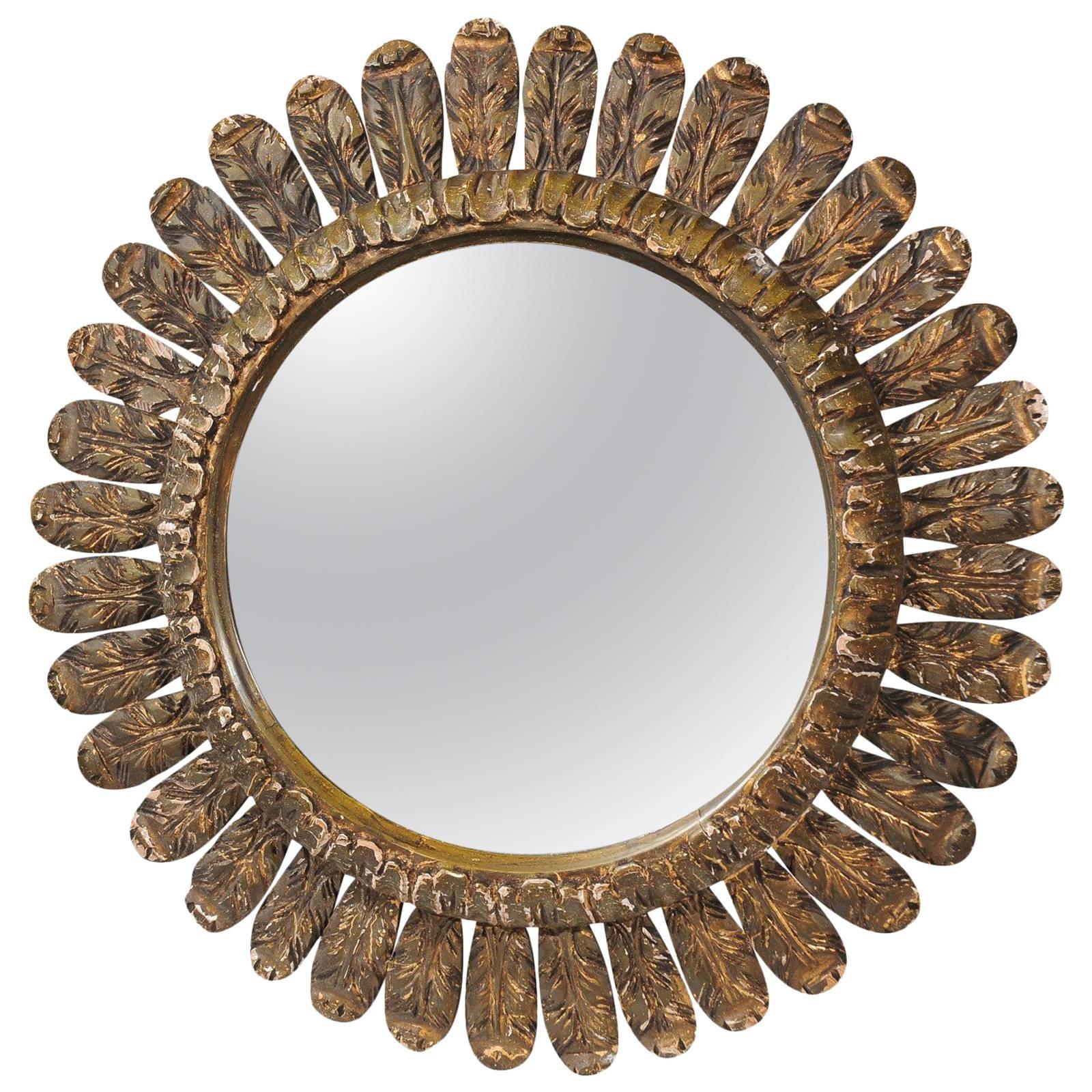 Italian Round Carved Wooden Mirror with Leaf Carving from the Mid-20th Century