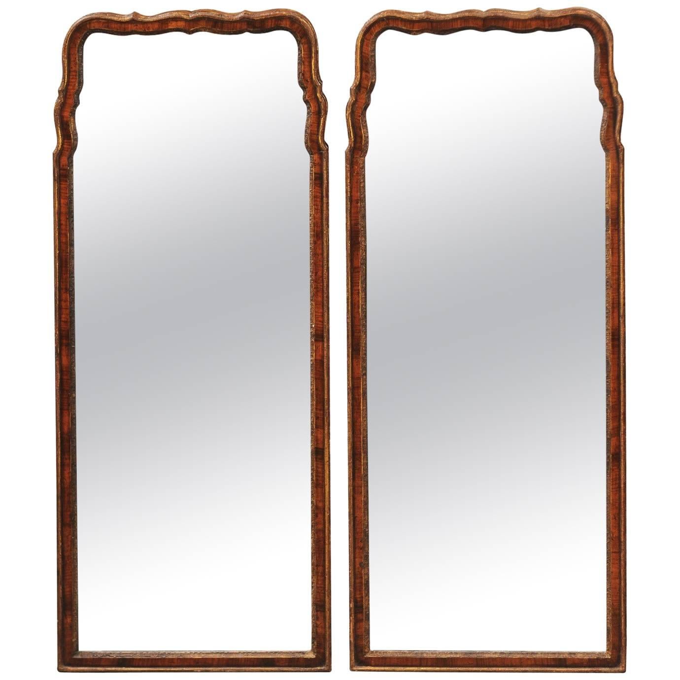 Pair of English Late 19th Century Queen Anne Style Burled Walnut Mirrors