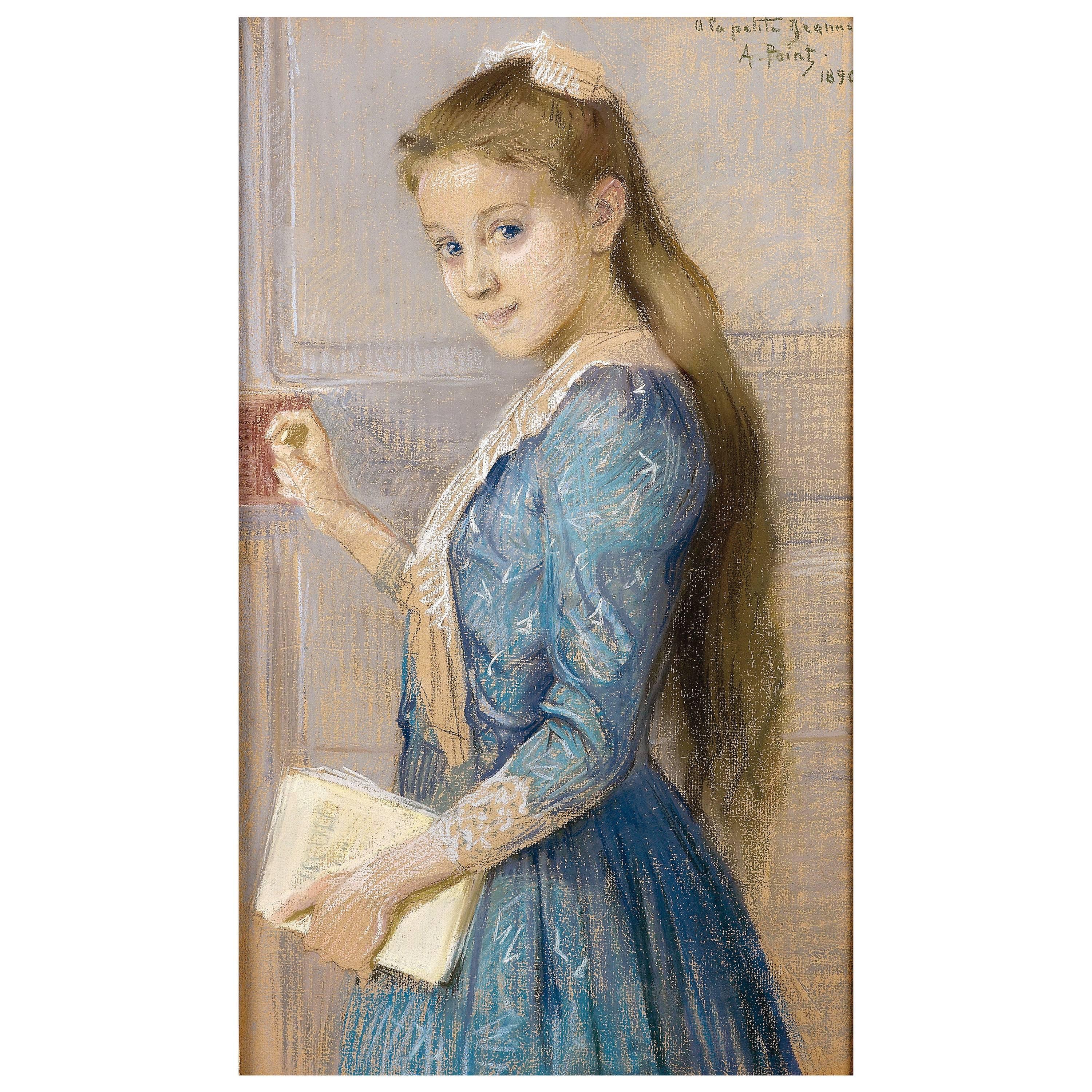 Armand Point, Portrait of a Girl with a Blue Dress Pastel, Signed For Sale