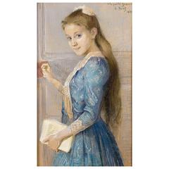 Armand Point, Portrait of a Girl with a Blue Dress Pastel, Signed