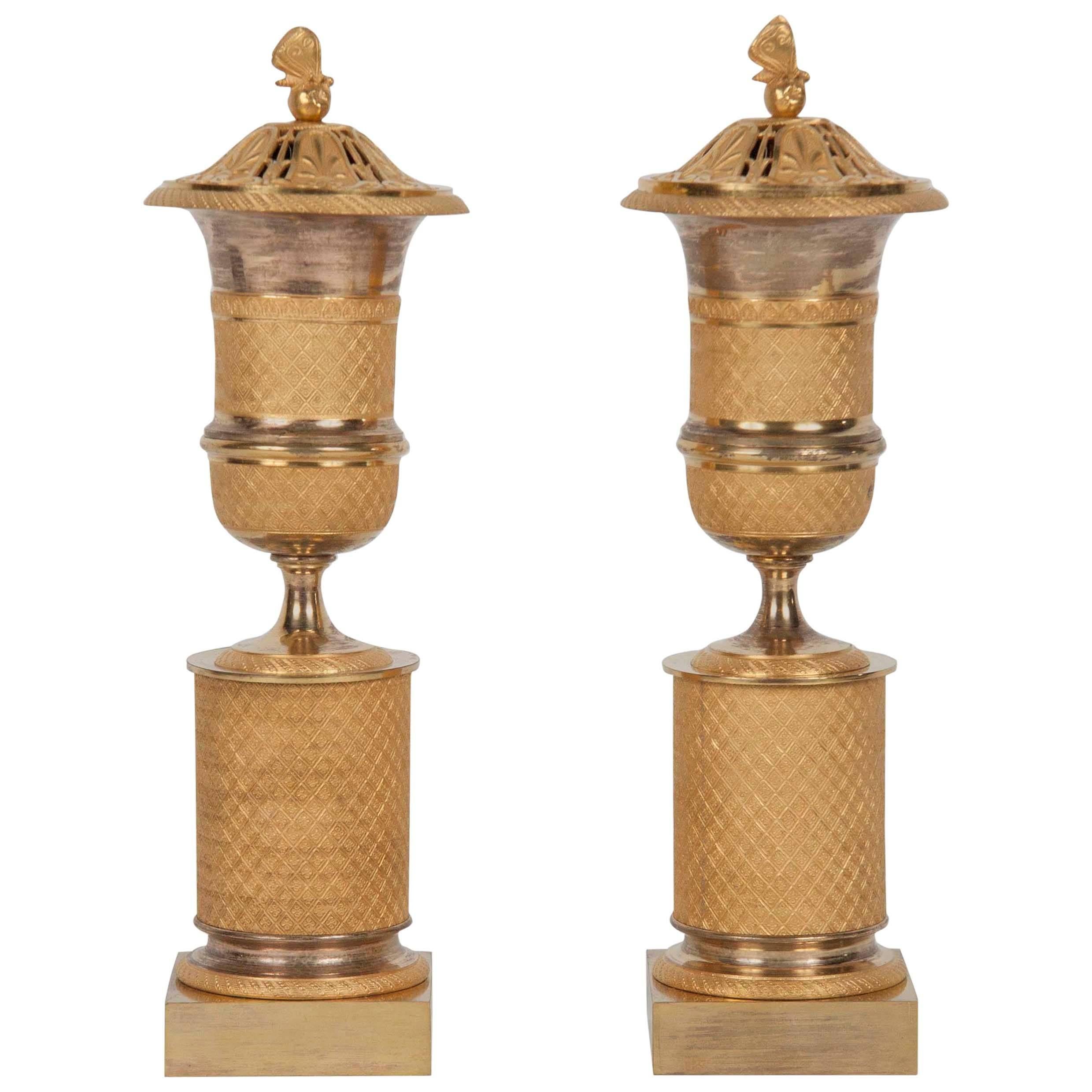 Pair of French Ormolu Bronze Cassolettes or Censers/Candlesticks