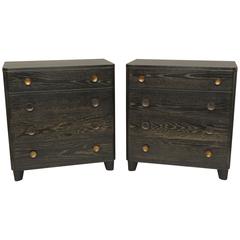 Vintage Pair of 1950s Black Cerused Oak Bachelor Chest Commodes Gilbert Rohde Attributed