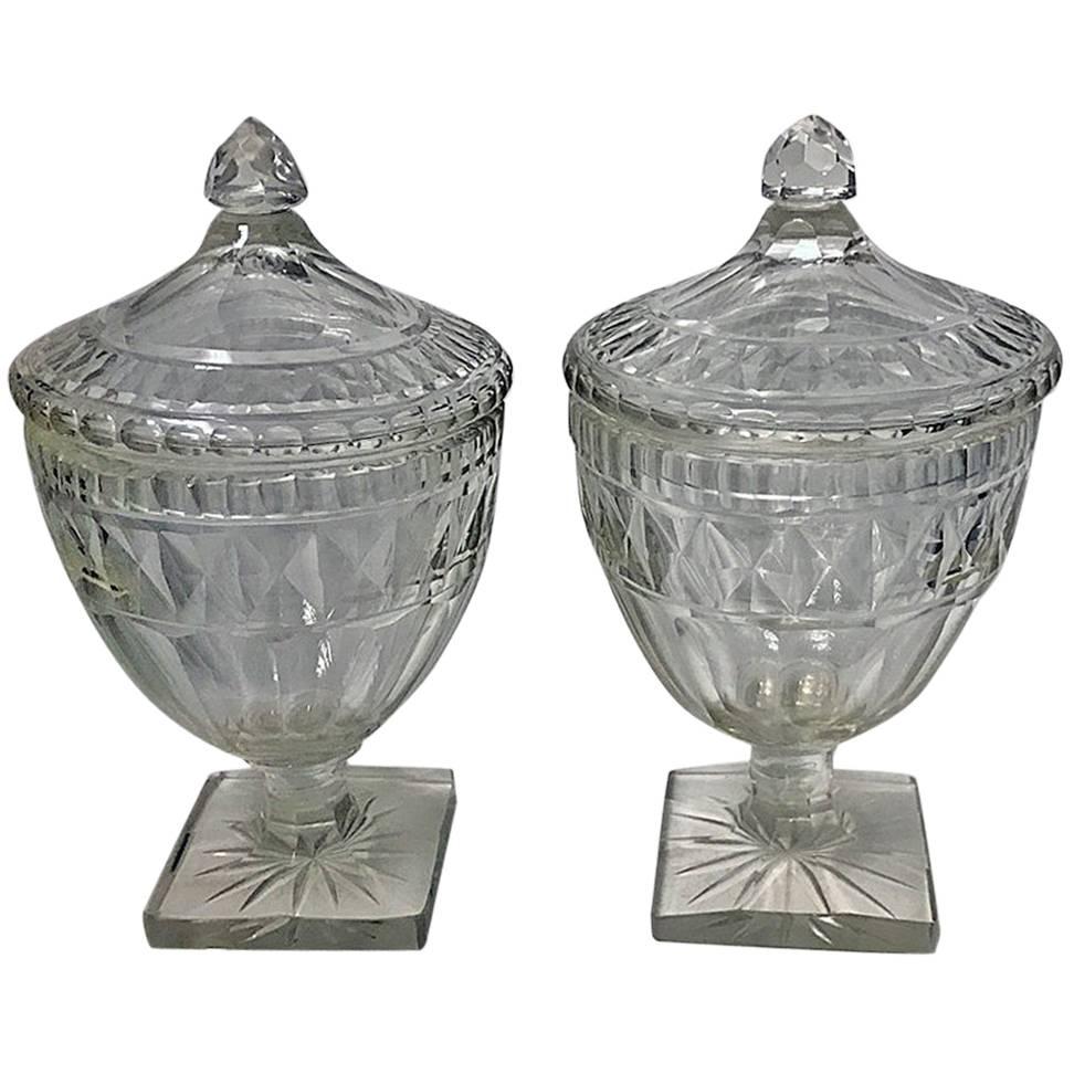 Pair of Georgian Anglo Irish Cut-Glass Urns Sweetmeats and Covers, circa 1800