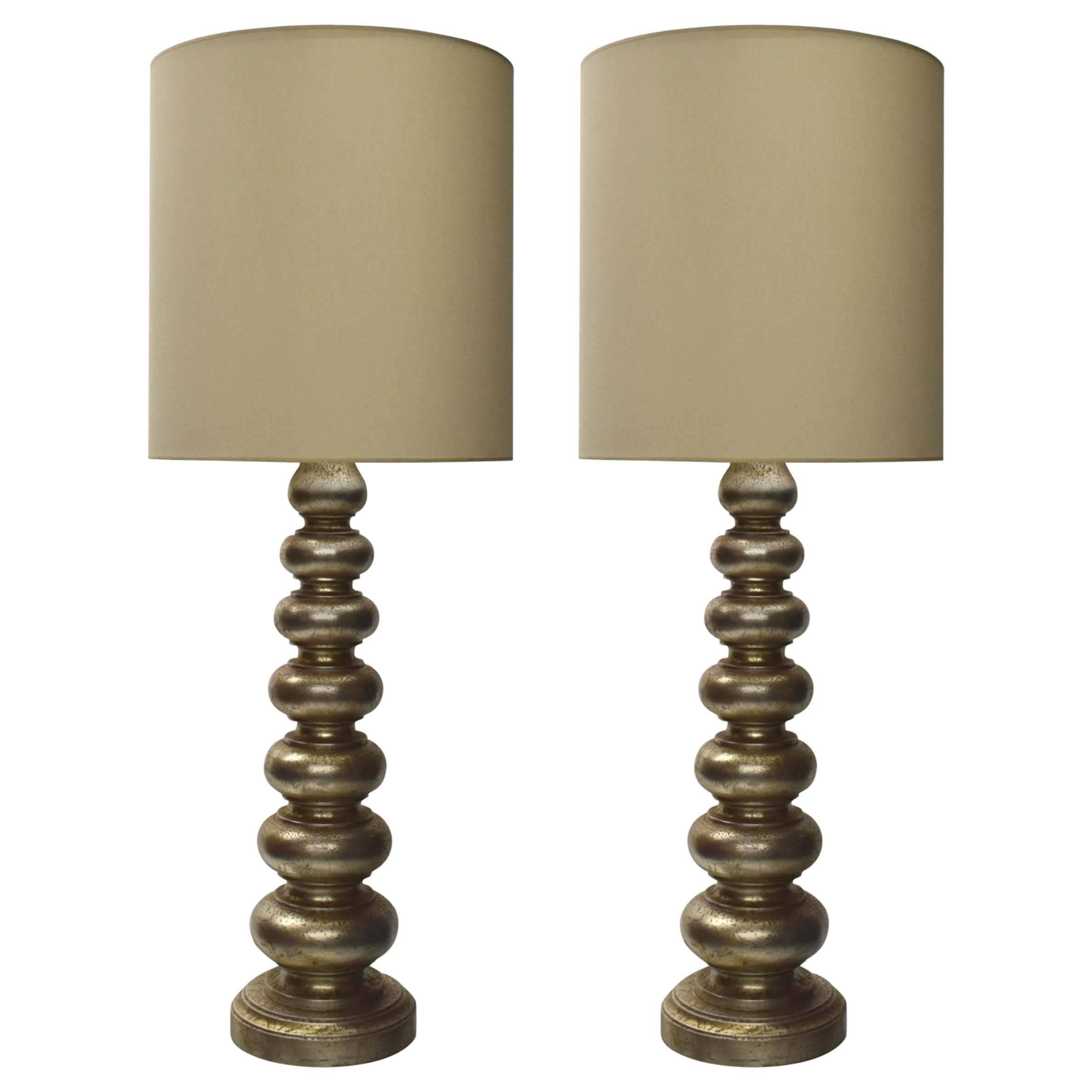 Tall Pair of Table Lamps in Original Silver Leaf, USA Circa 1940  For Sale