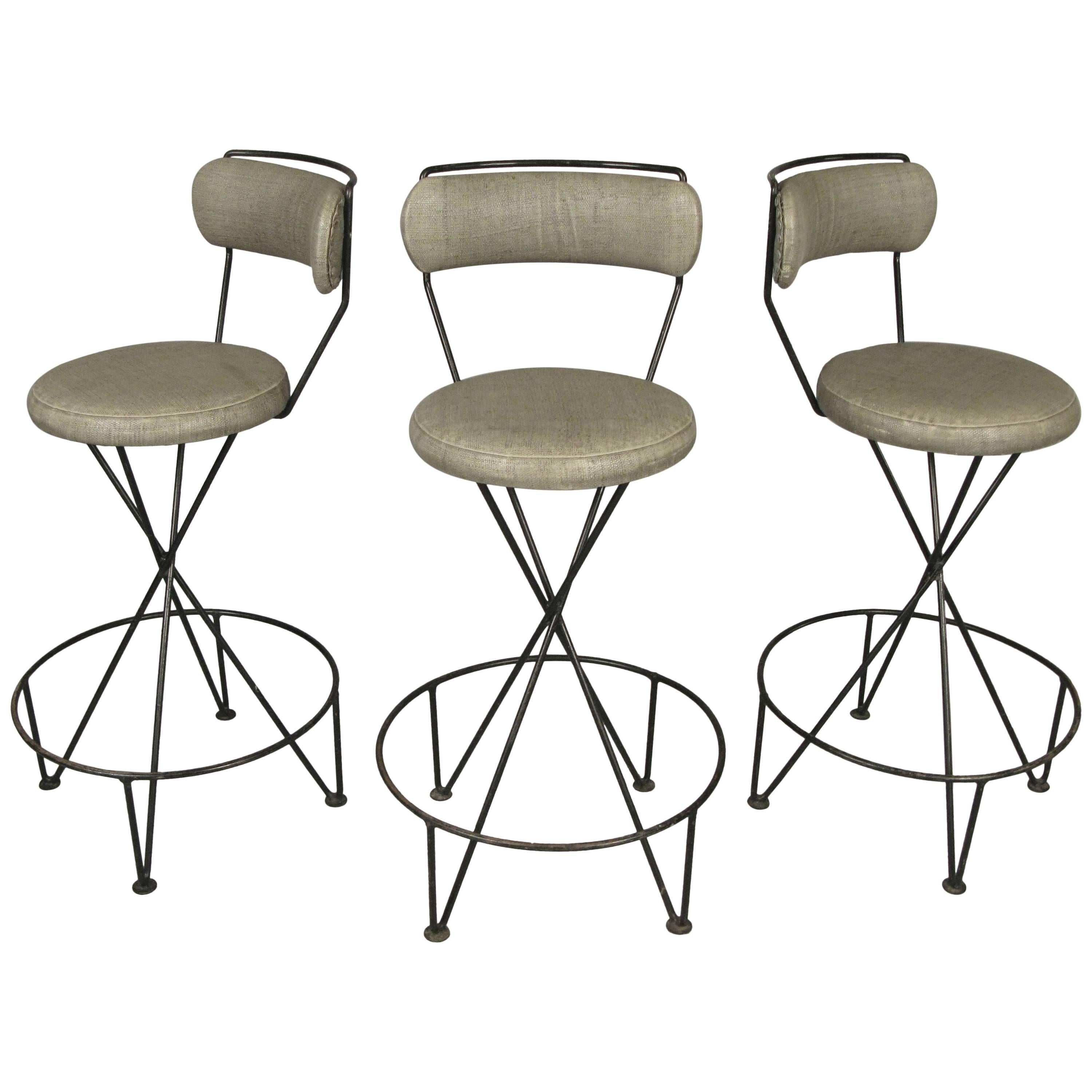 Set of Three Mid-Century Iron Barstools