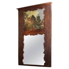 Antique Dark Stained Oak Trumeau with Painted Country Scene