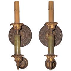 Pair of Gilt Bronze and Green Onyx Sconces