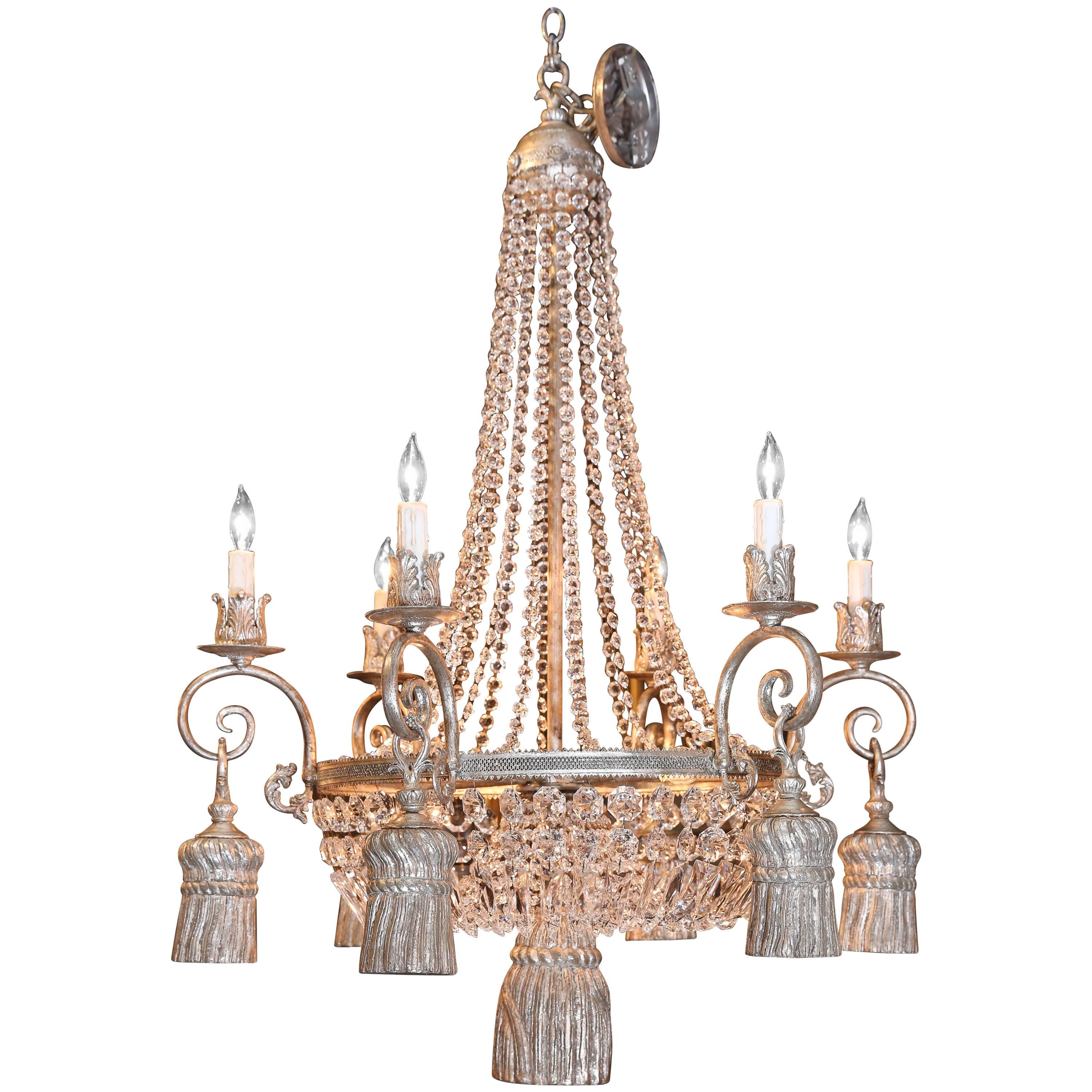 Six-Light Empire Style Chandelier with a Silver Finish For Sale