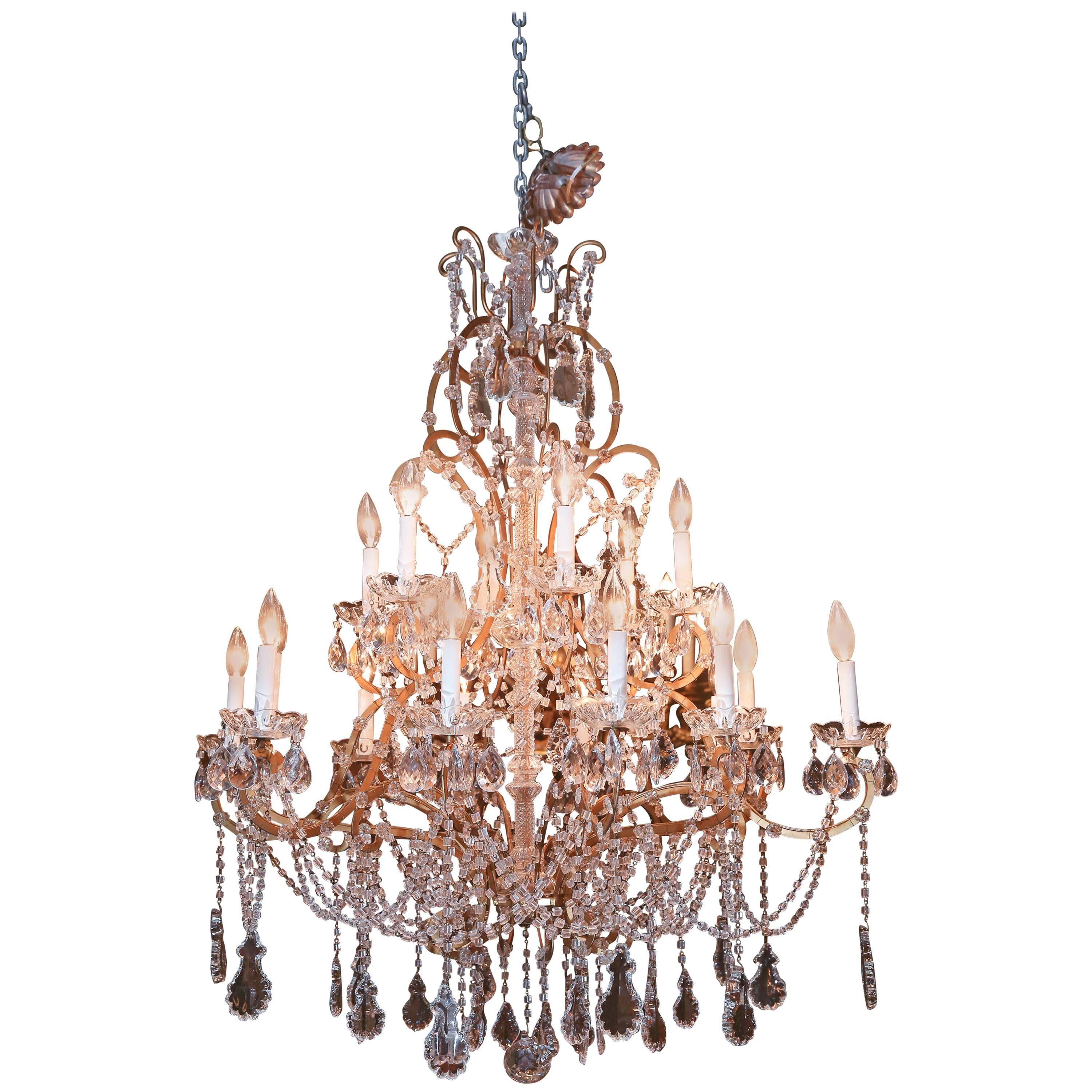 Eighteen-Light Italian Antique Crystal  Beaded Chandelier For Sale