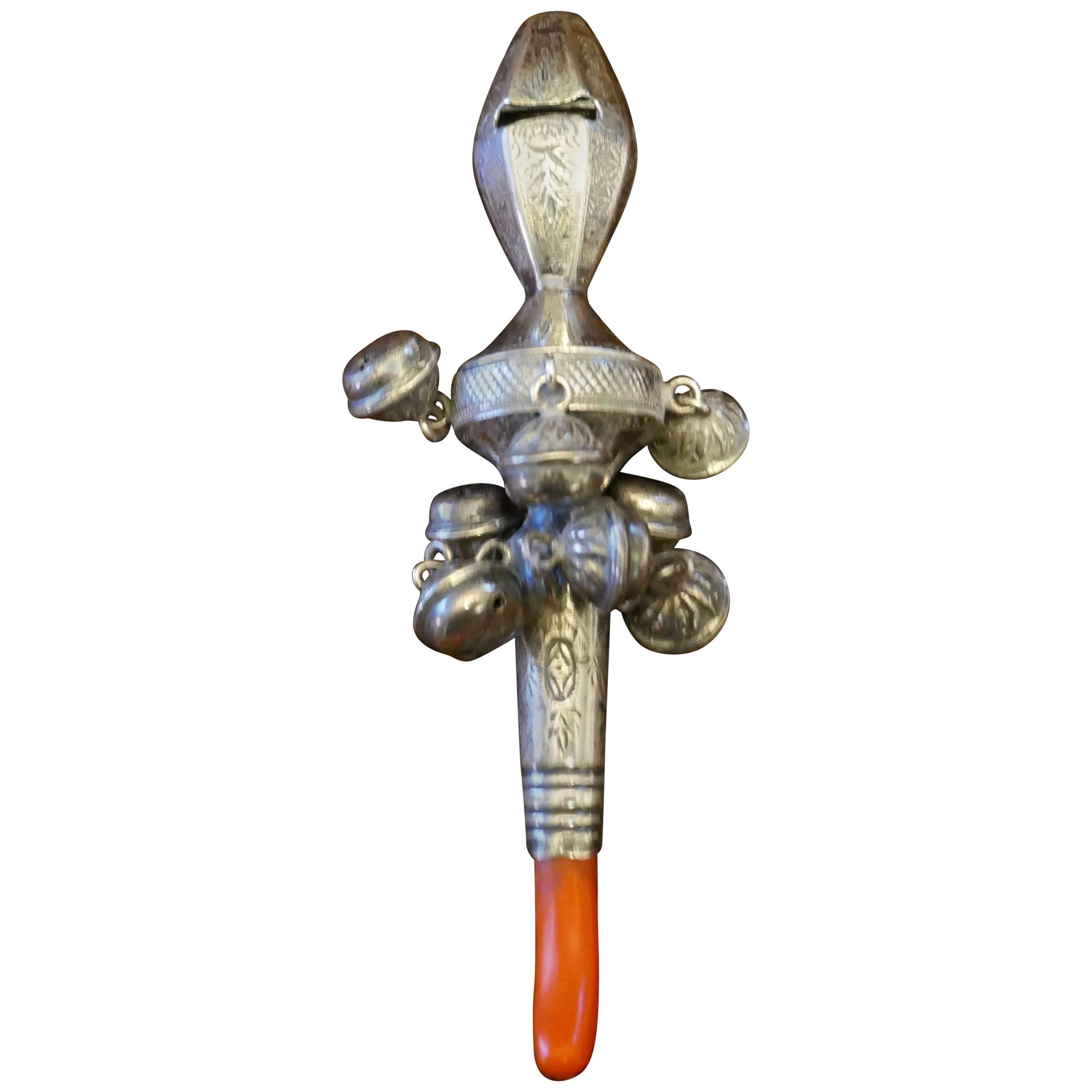19th Century Silver Baby’ Rattle with Bells, Whistle and Coral Teether