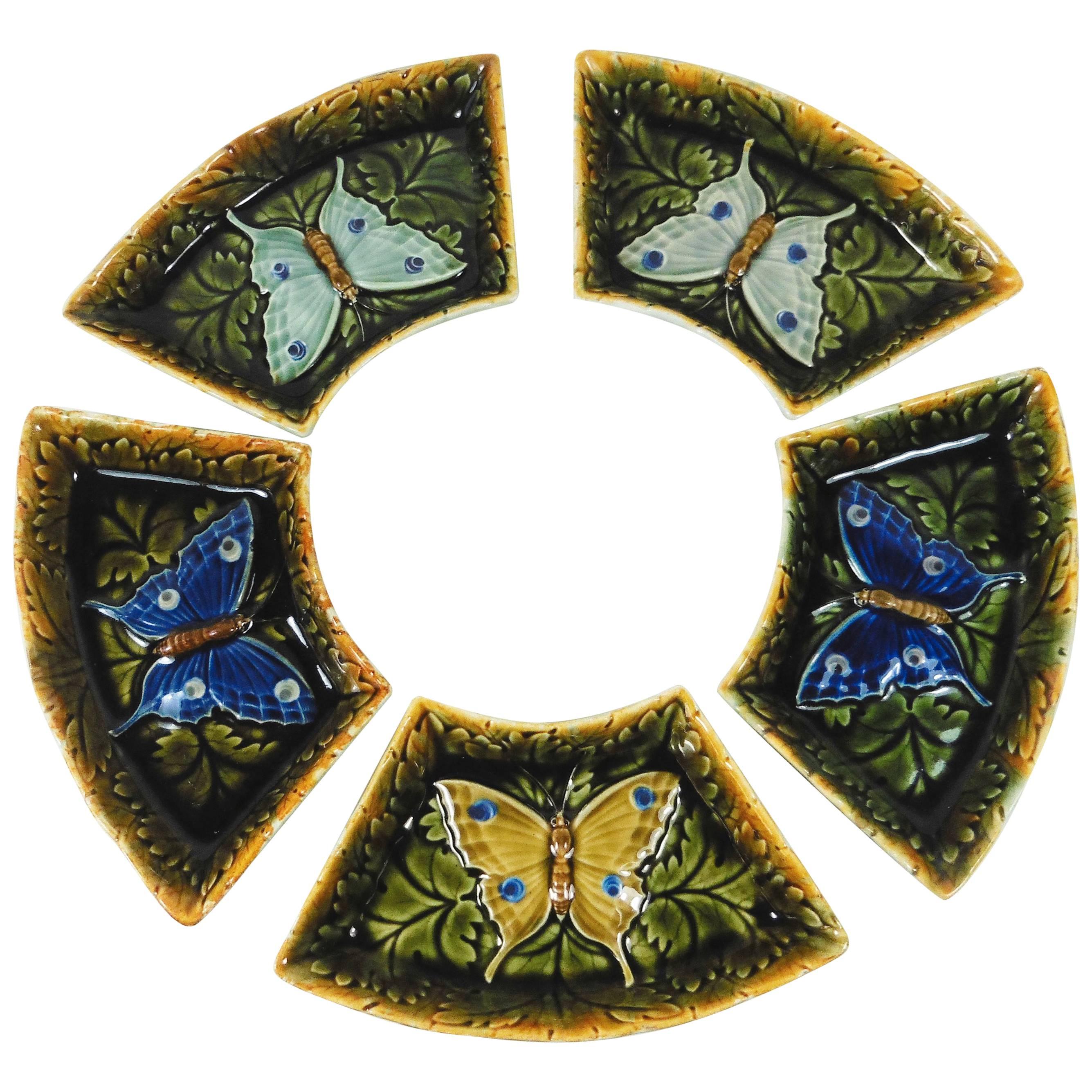 Set of Five Austrian Majolica Butterflies Dishes, circa 1900 For Sale