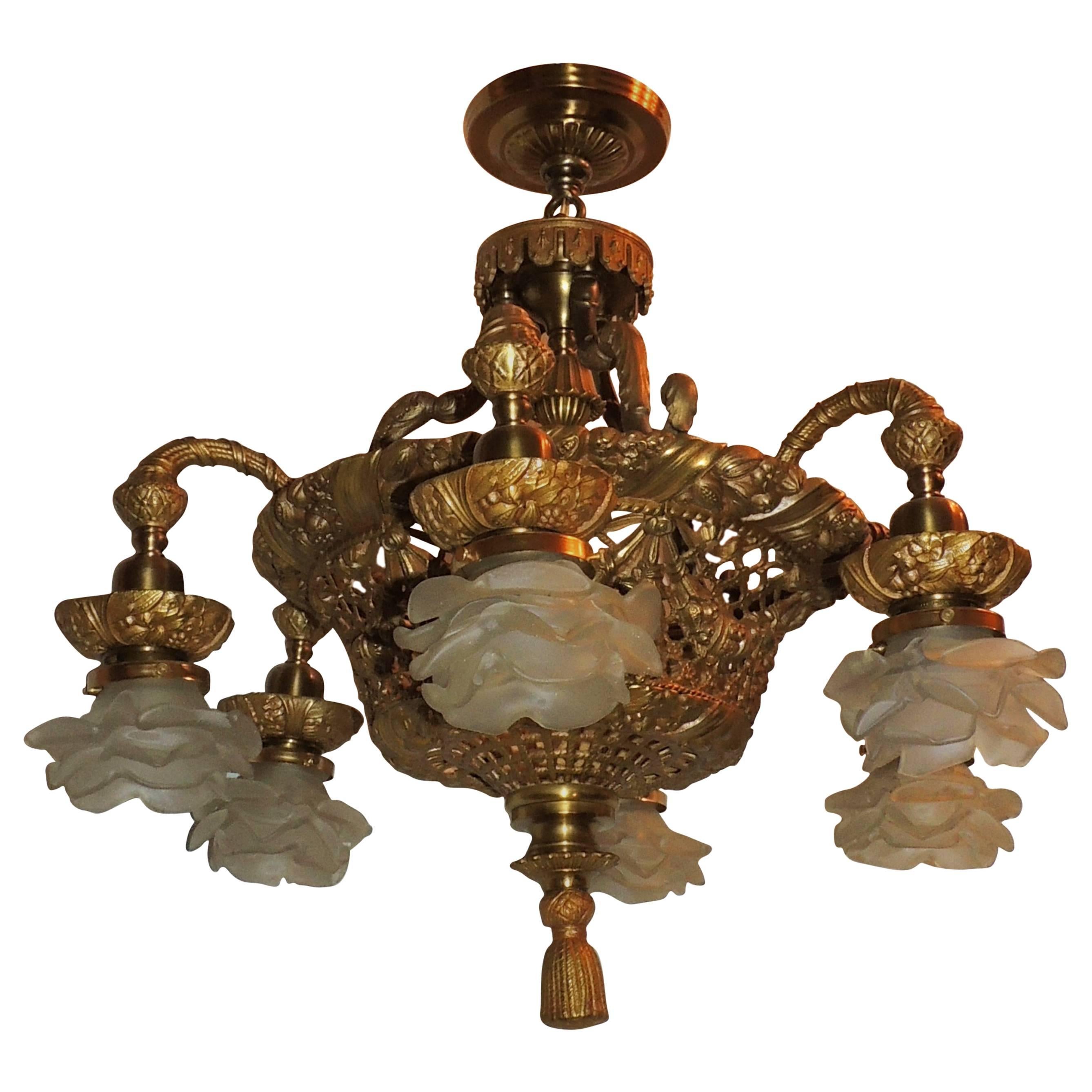 Wonderful French Dore Bronze Basket Form Pierced and Swag Chandelier Fixture