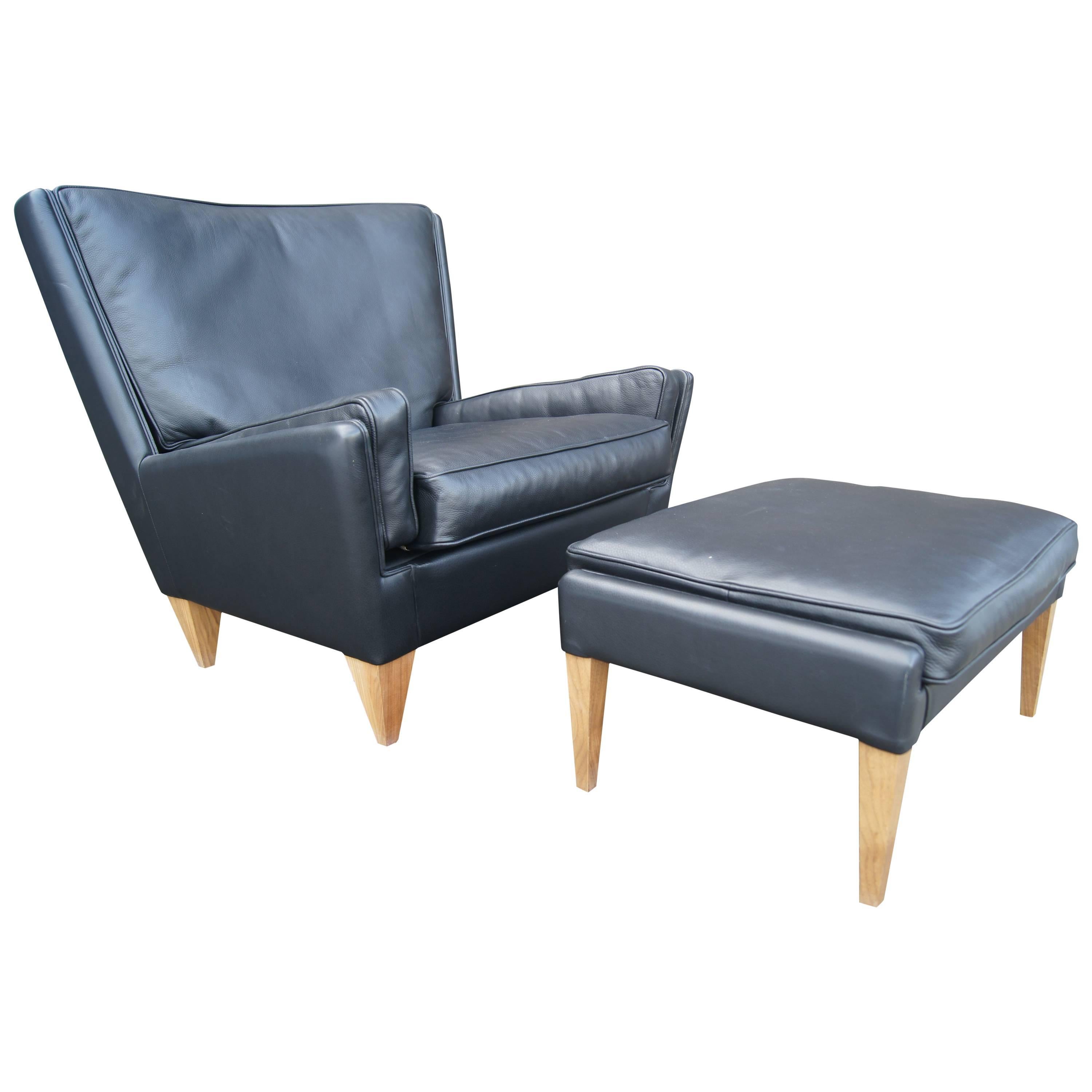 Black Leather Lounge Chair and Ottoman, Model V11, by Illum Wikkelsø