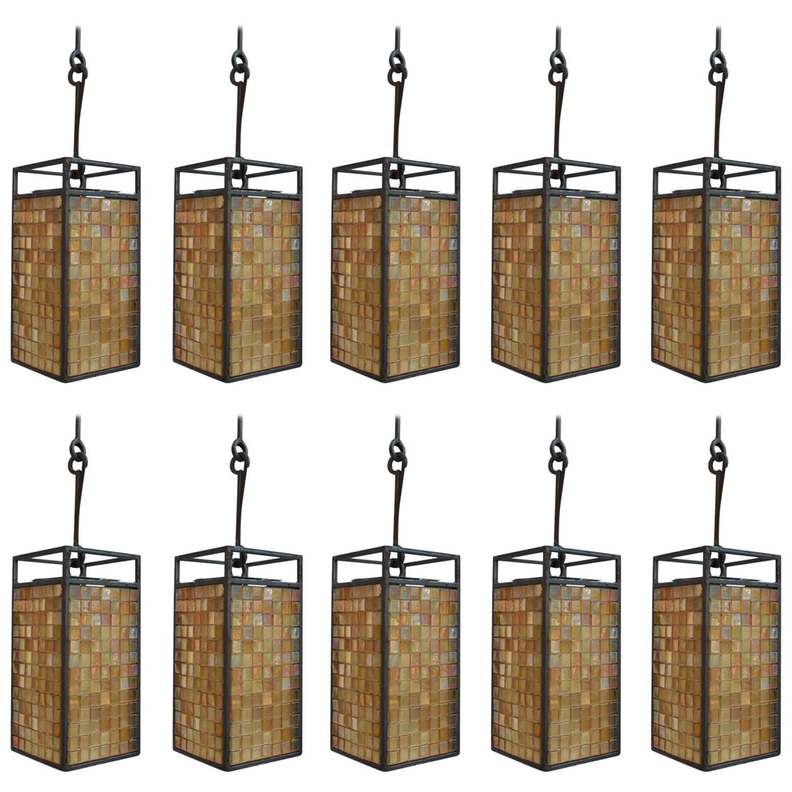 Rare Set of Ten Mosaic Tiles Lights Industrial Style For Sale