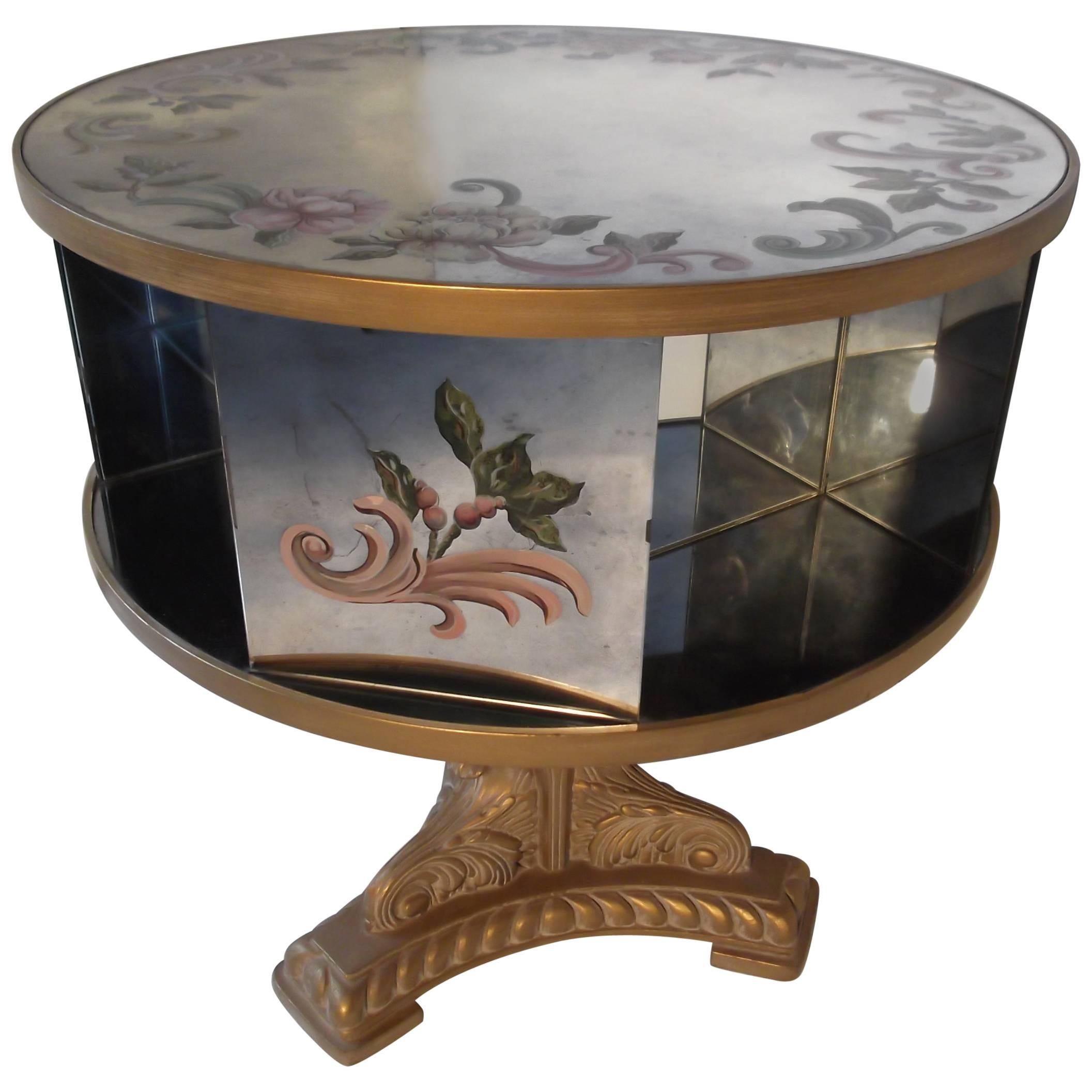 Églomisé Rotating Drum Table with Mirrored Galleries For Sale