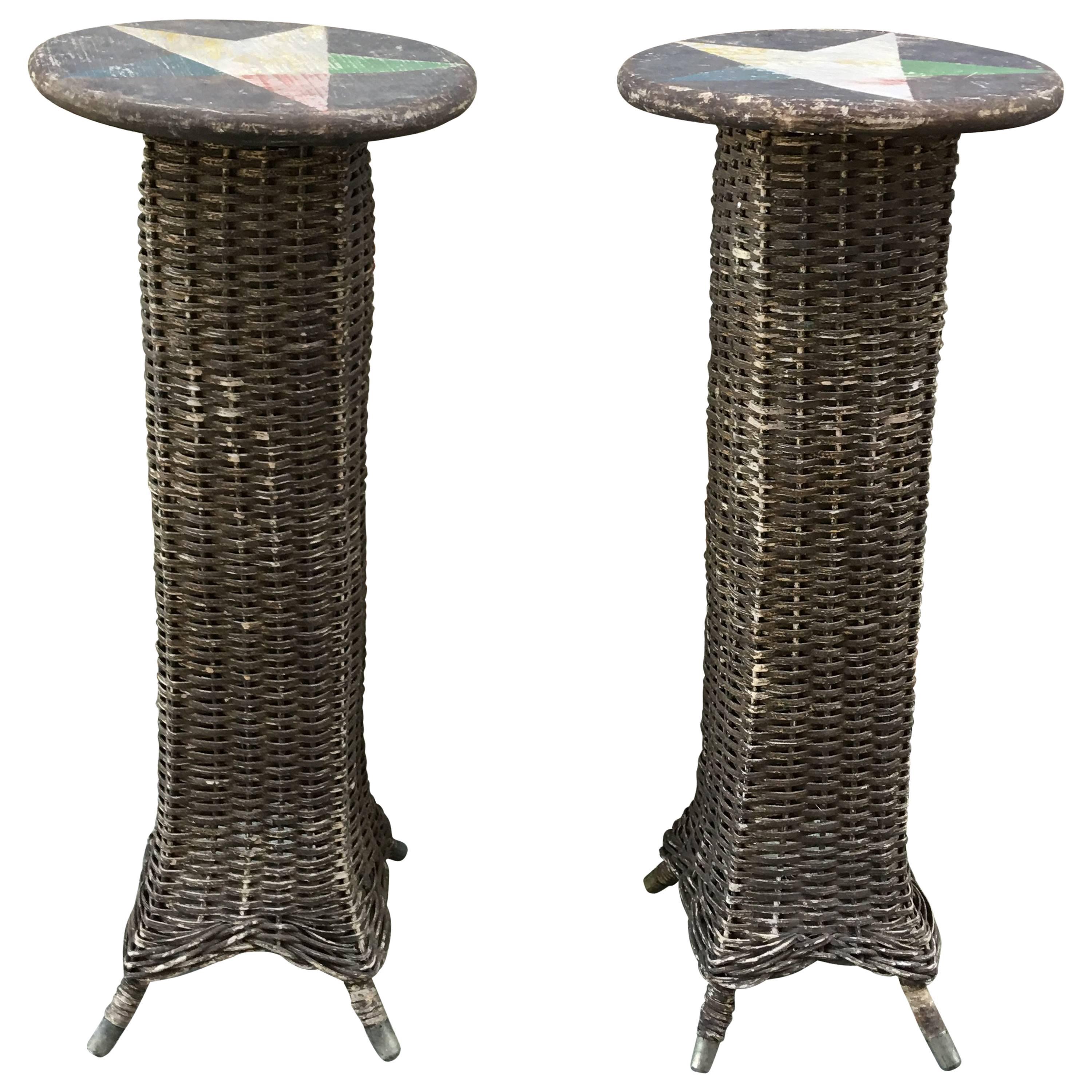 Pair of Wicker Plant Stands with Star Motif Tops