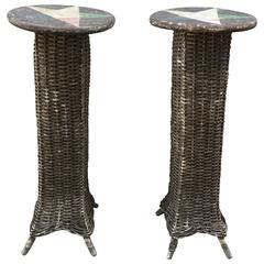 Antique Pair of Wicker Plant Stands with Star Motif Tops