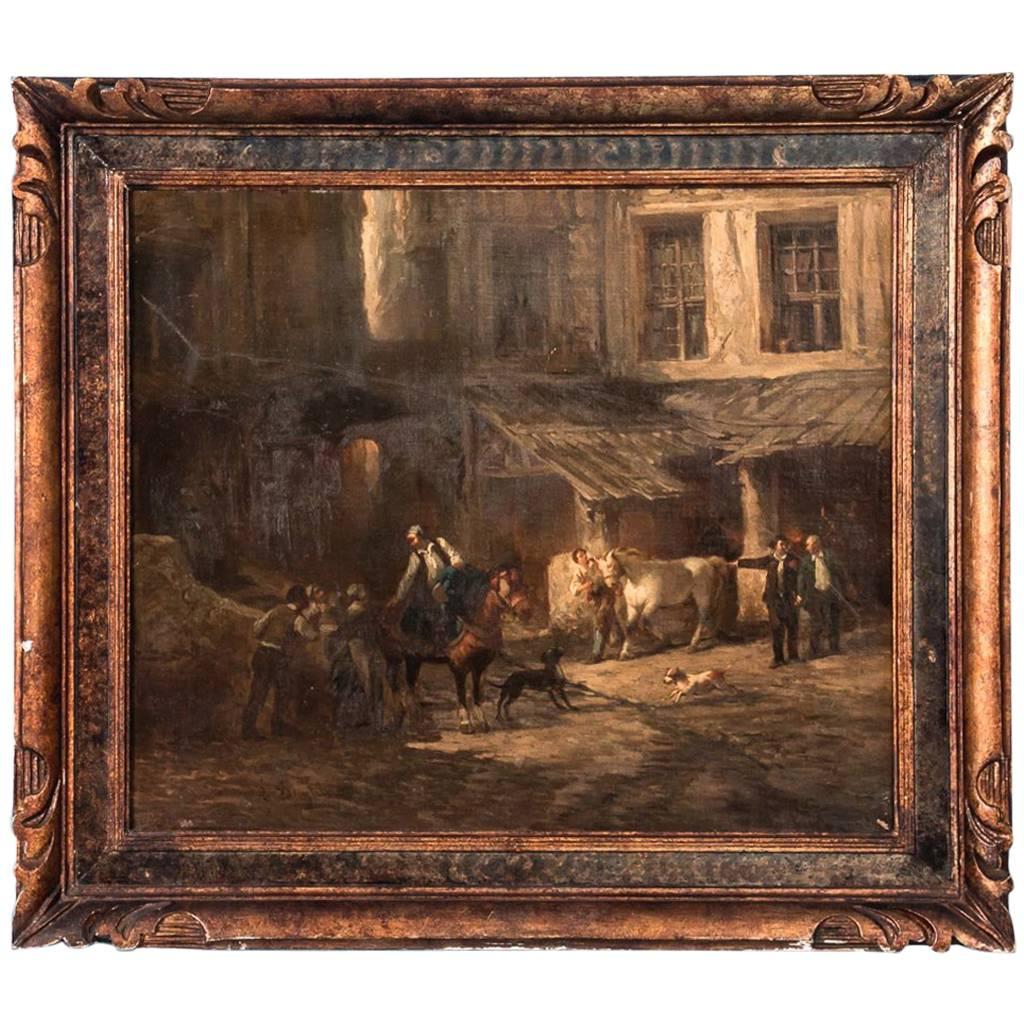 Antique 19th Century French Oil Painting of a Village Stable by L. Sauerfelt