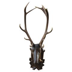 Carved Wood with Ten Point Antler Rack Black Forest Stag