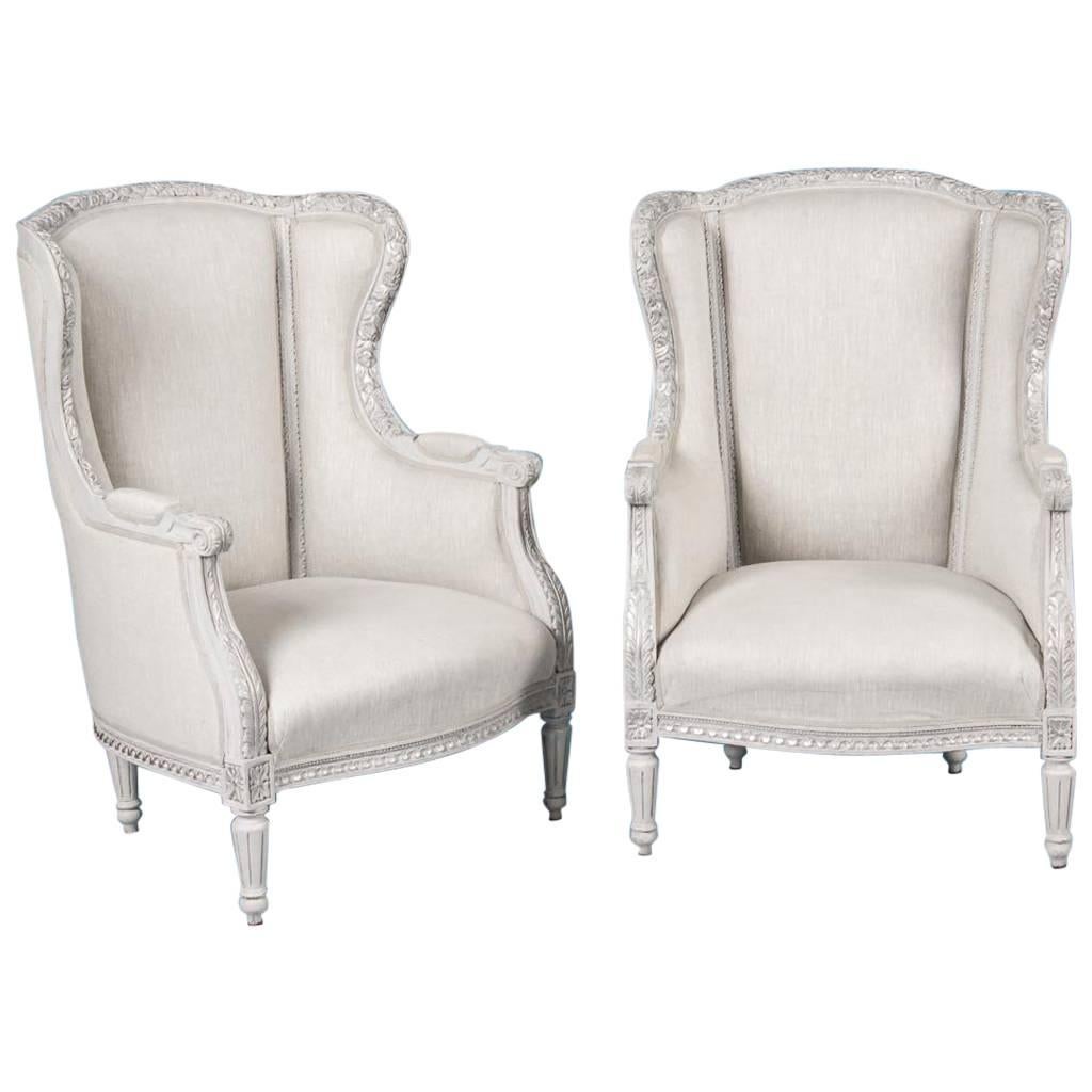 Pair of Early 20th Century Neoclassic Swedish Light Gray Wingback Chairs