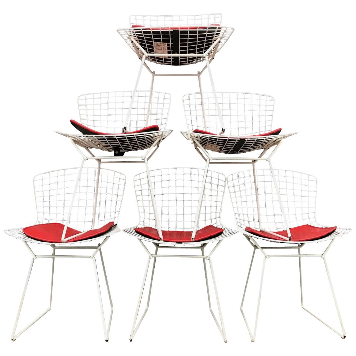 Mid-Century Knoll Bertoia Wire Chairs in White with Red Seat Pads