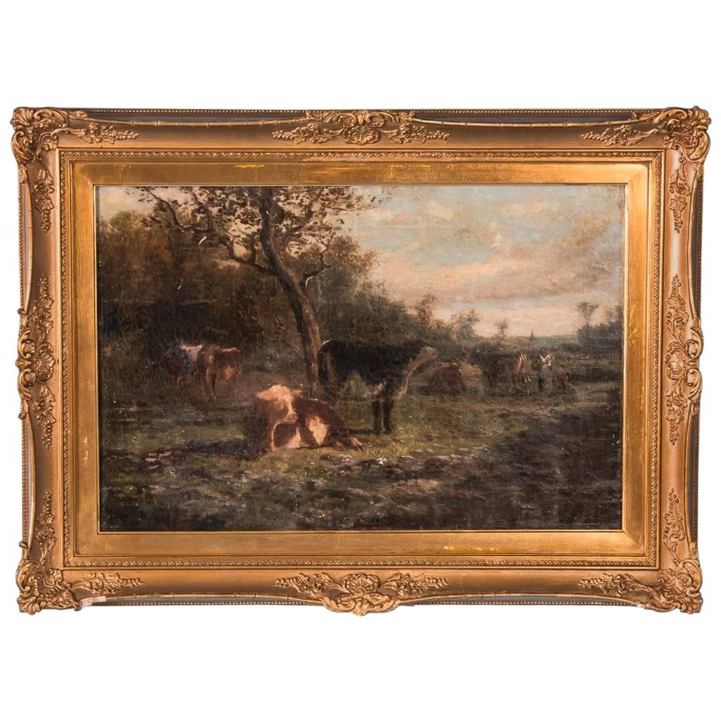 Antique 19th Century Original English Oil Painting, Landscape with Cows