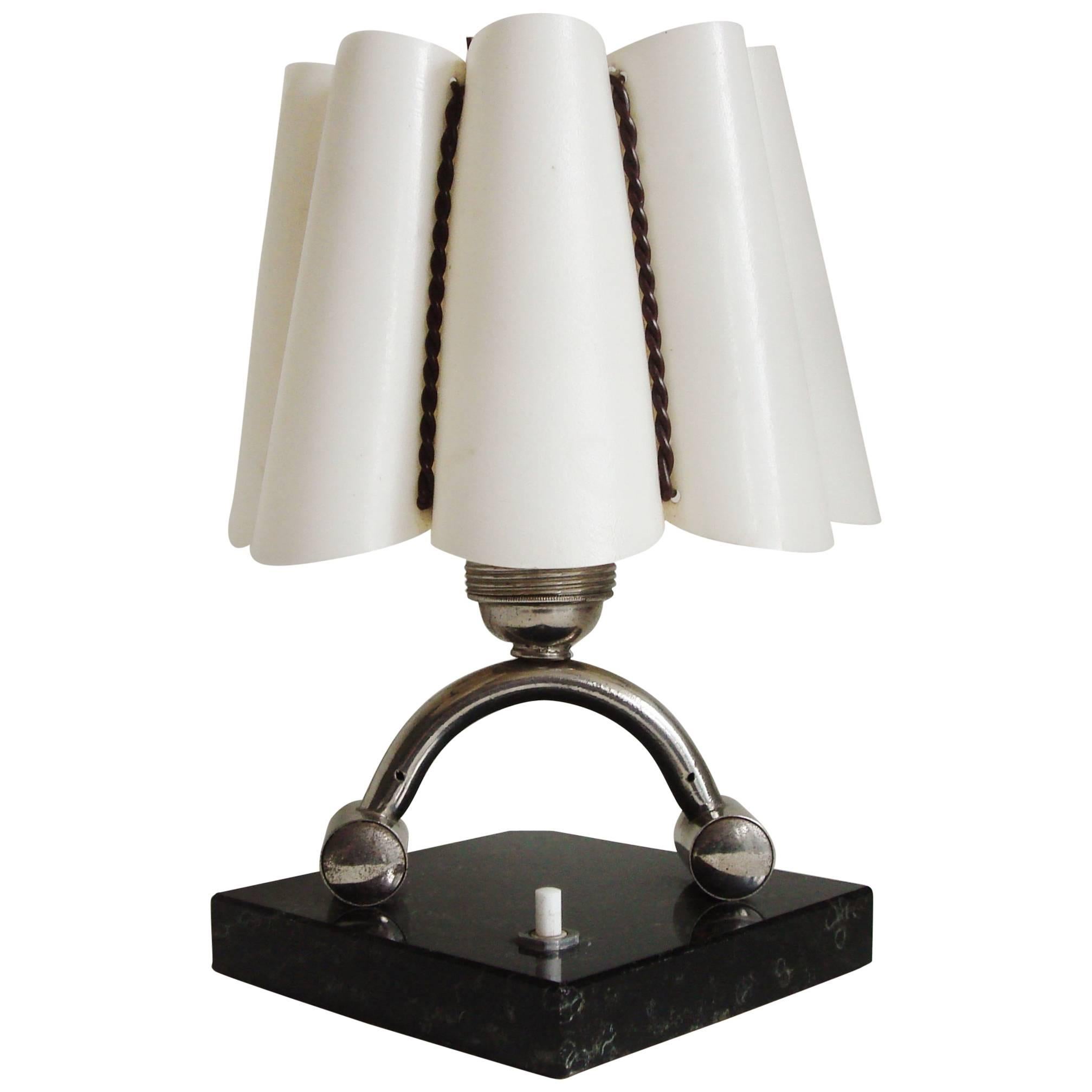 Petite French Art Deco Chrome & Marble Accent Lamp with Gimped Fiber Glass Shade For Sale