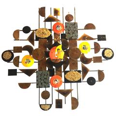 Striking Large Enameled and Brass Brutalist Wall Hanging Sculpture