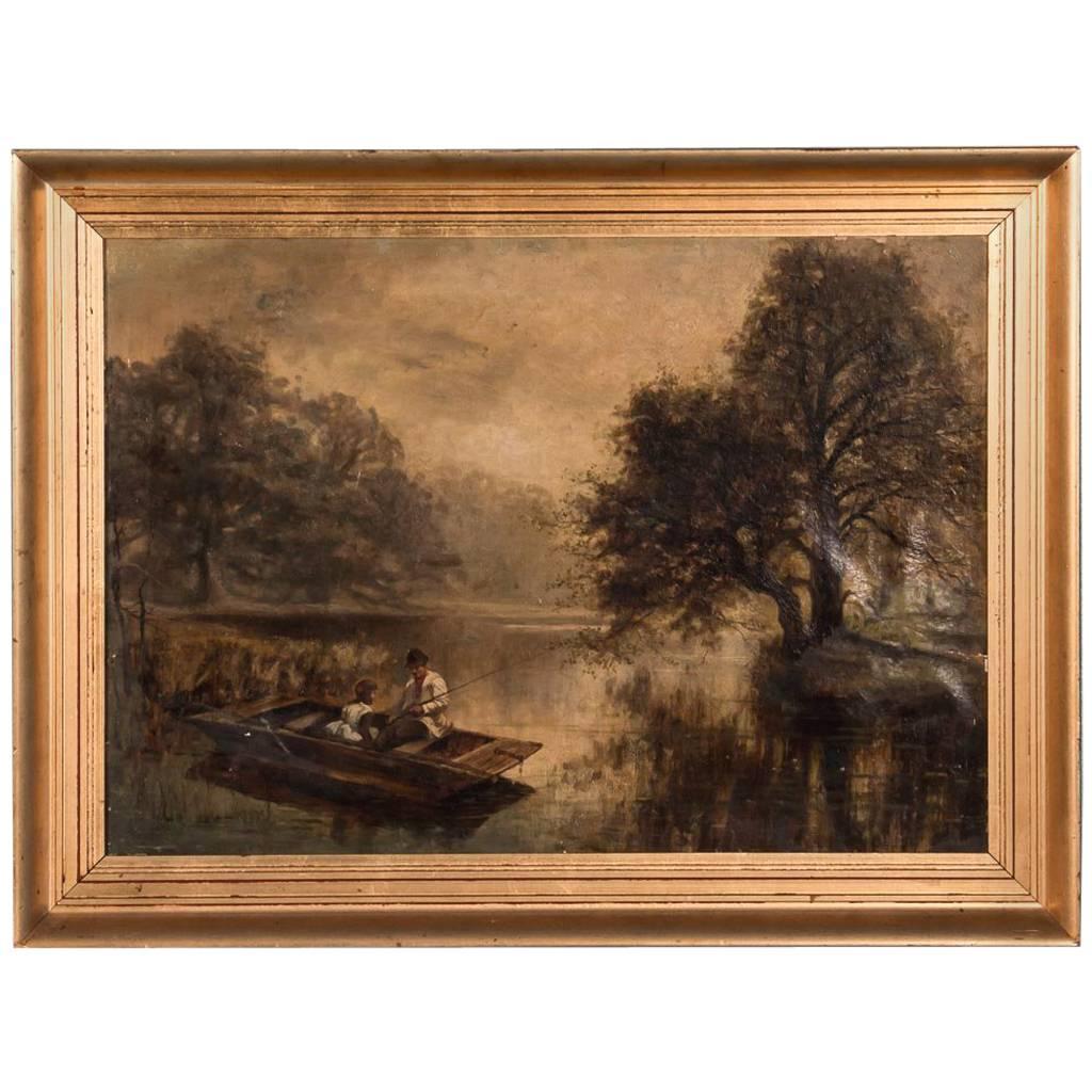 19th Century, English Oil Painting of a Father and Daughter Fishing on a Lake