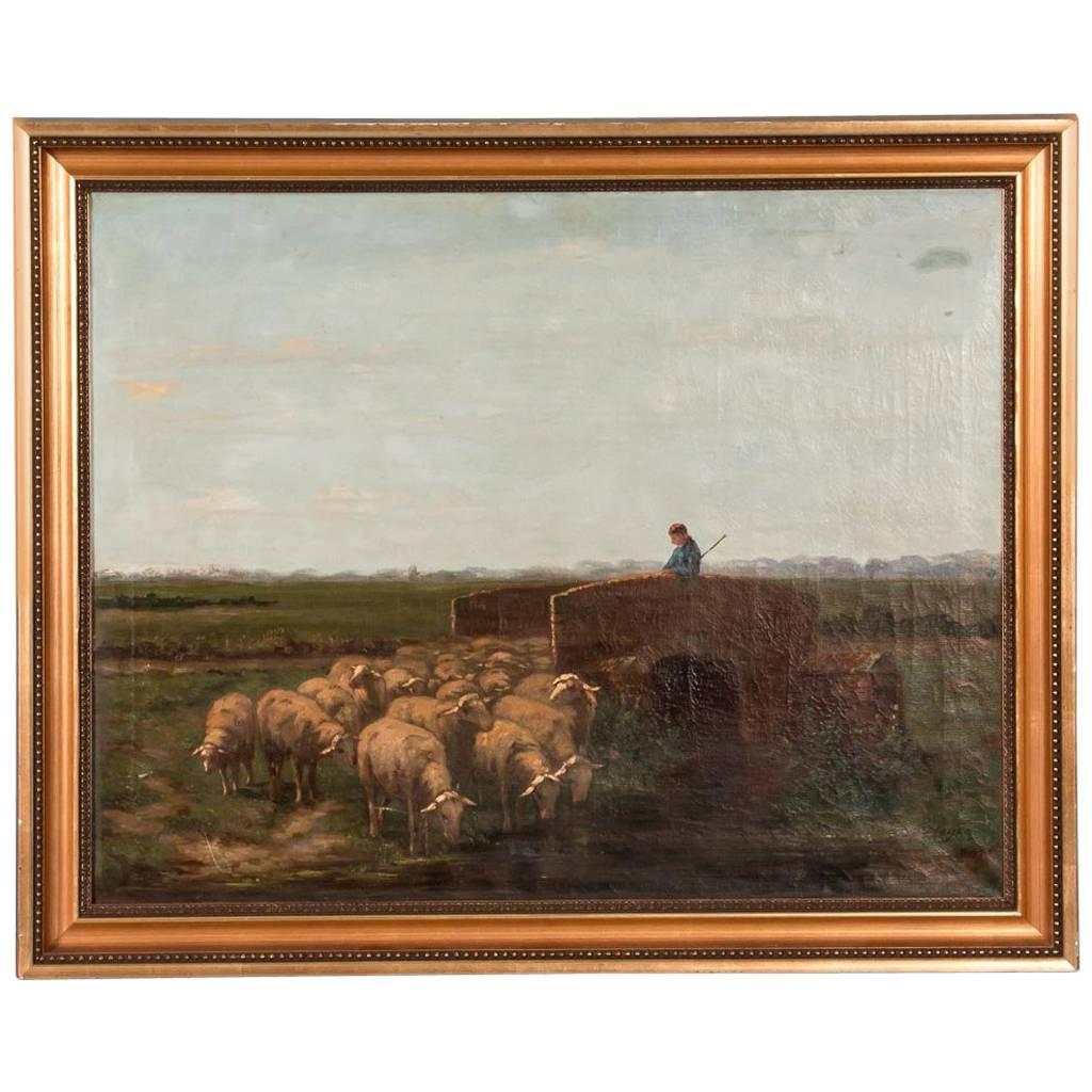 Antique 19th Century Oil Painting, Shepherd with Sheep Signed J. Meyer