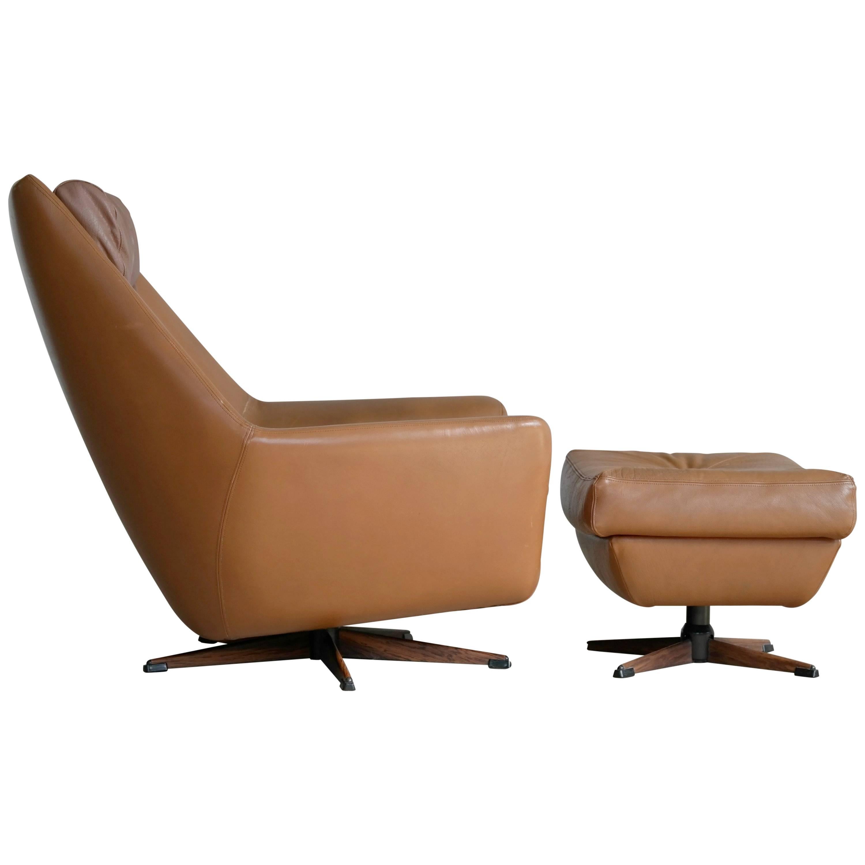 Kurt Ostervig Style Cognac Leather Lounge Chair with Ottoman and Swivel Base