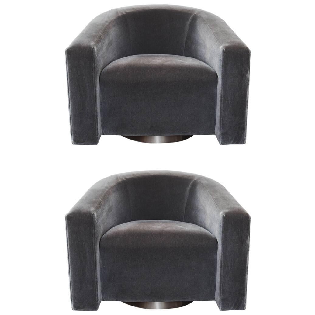 Donghia Barrel-Backed Swivel Chairs in Charcoal Grey Mohair